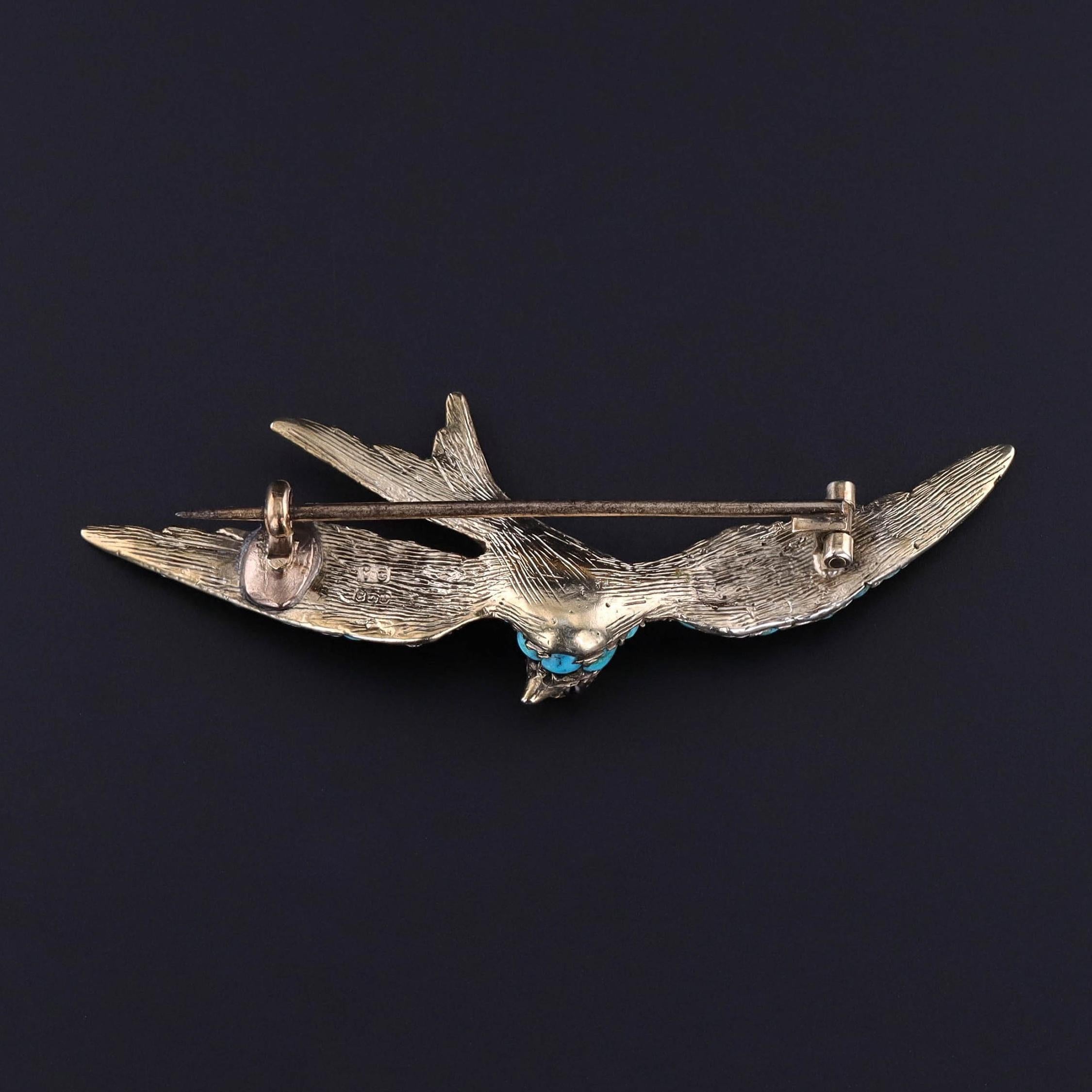 Cabochon Victorian Turquoise Swallow Brooch For Sale