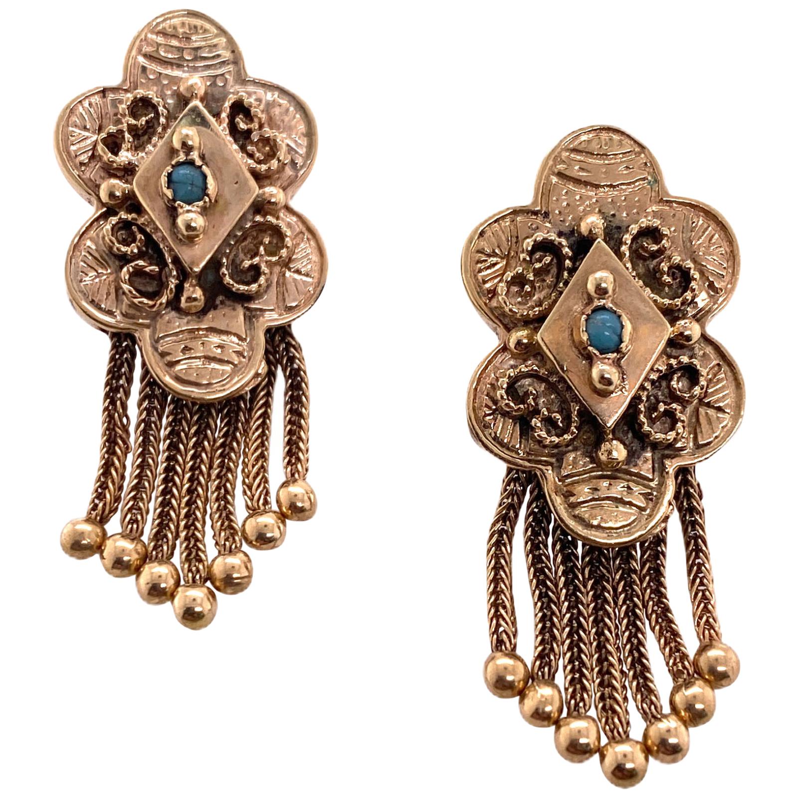 Victorian Turquoise Tassel Drop Earrings 14 Karat Yellow Gold