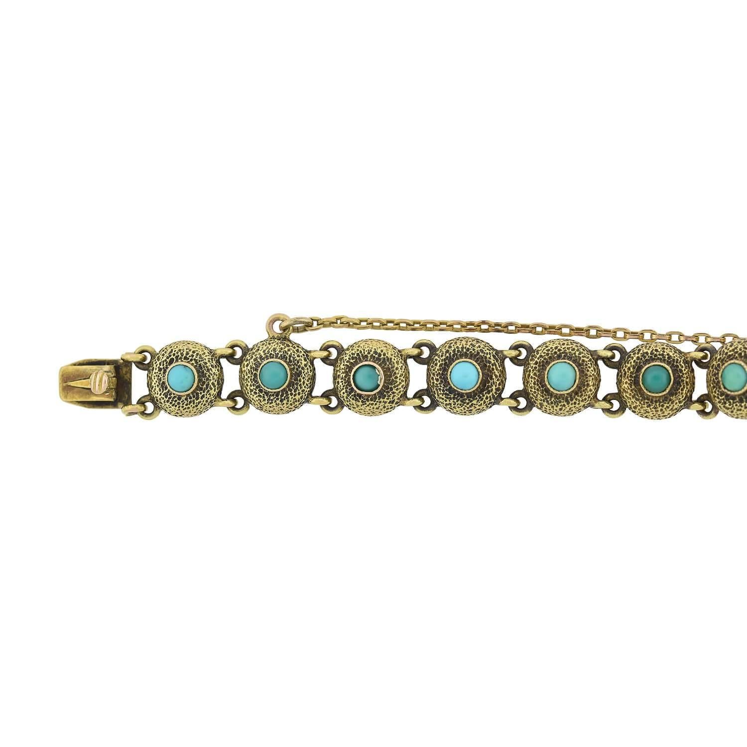 Cabochon Victorian Turquoise Textured Button Link Bracelet For Sale
