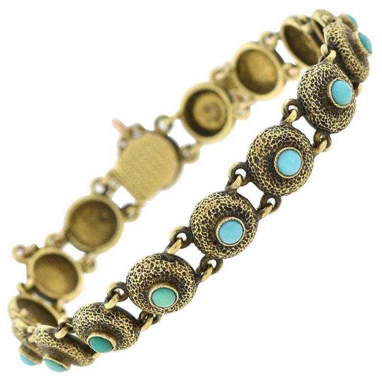 Victorian Turquoise Textured Button Link Bracelet For Sale