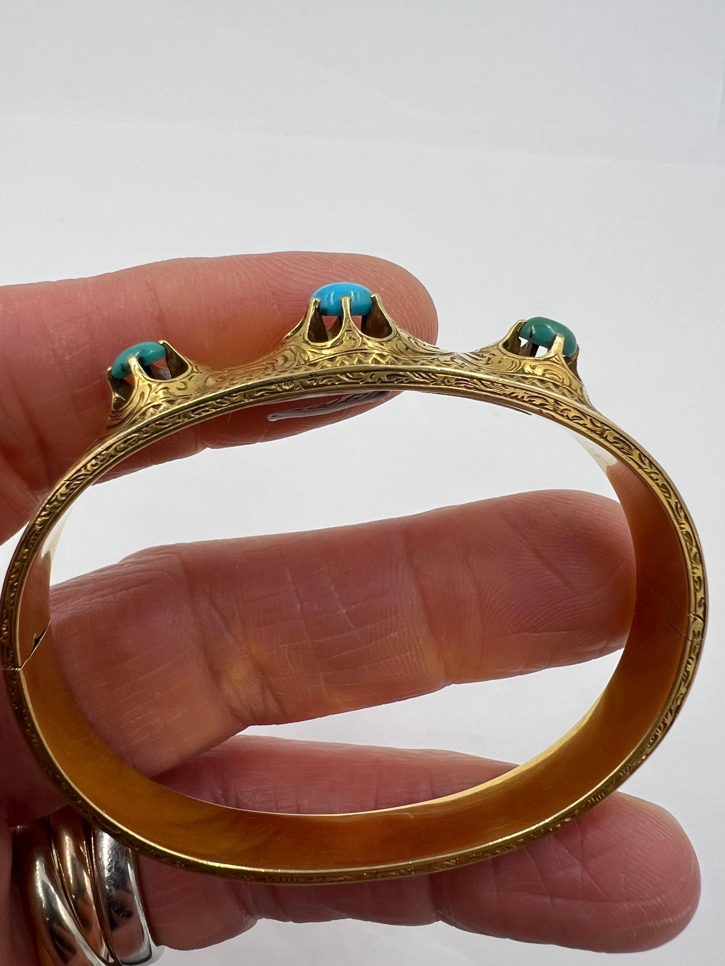 Cabochon Victorian Turquoise Yellow Gold Bangle Bracelet  For Sale
