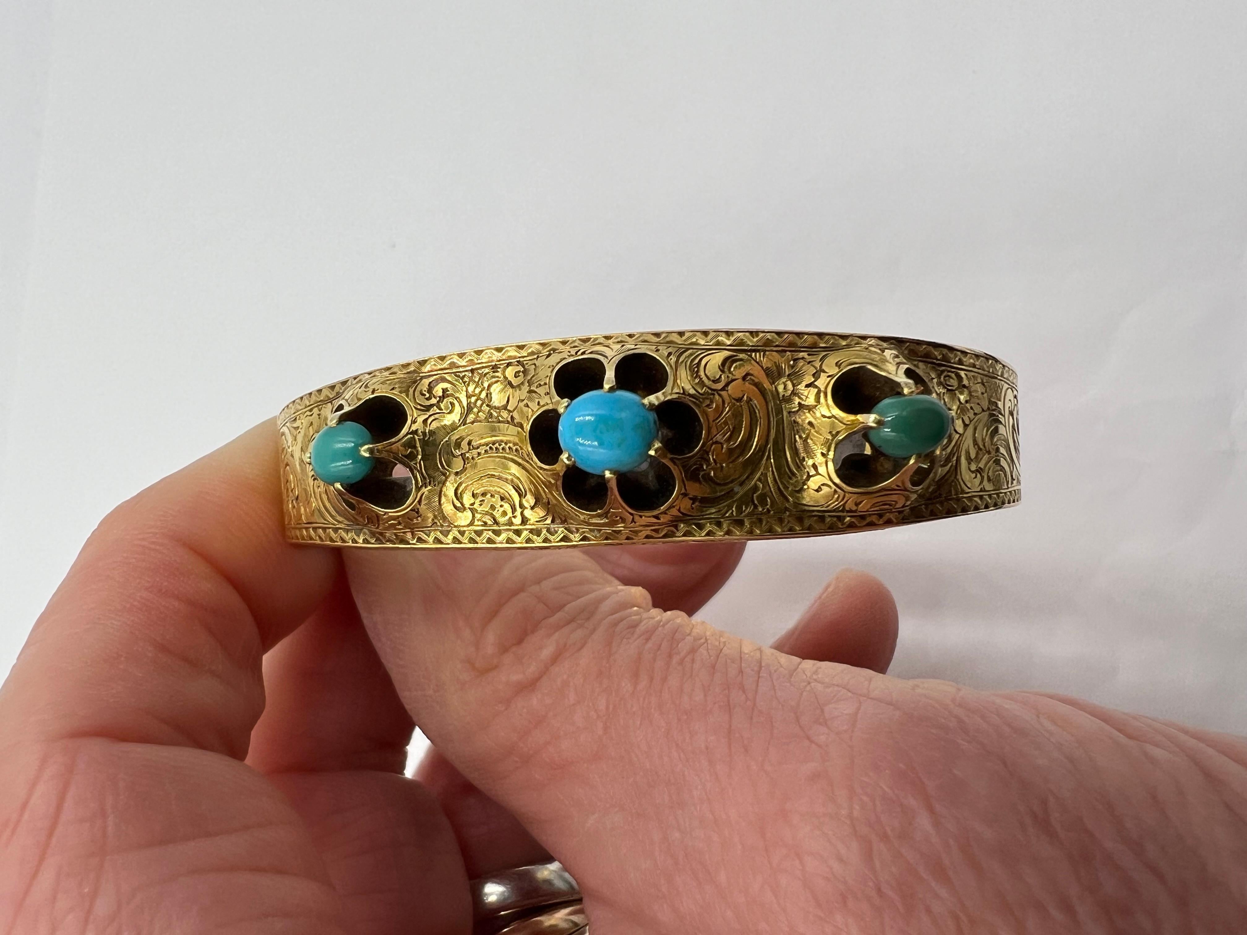 Victorian Turquoise Yellow Gold Bangle Bracelet For Sale 2