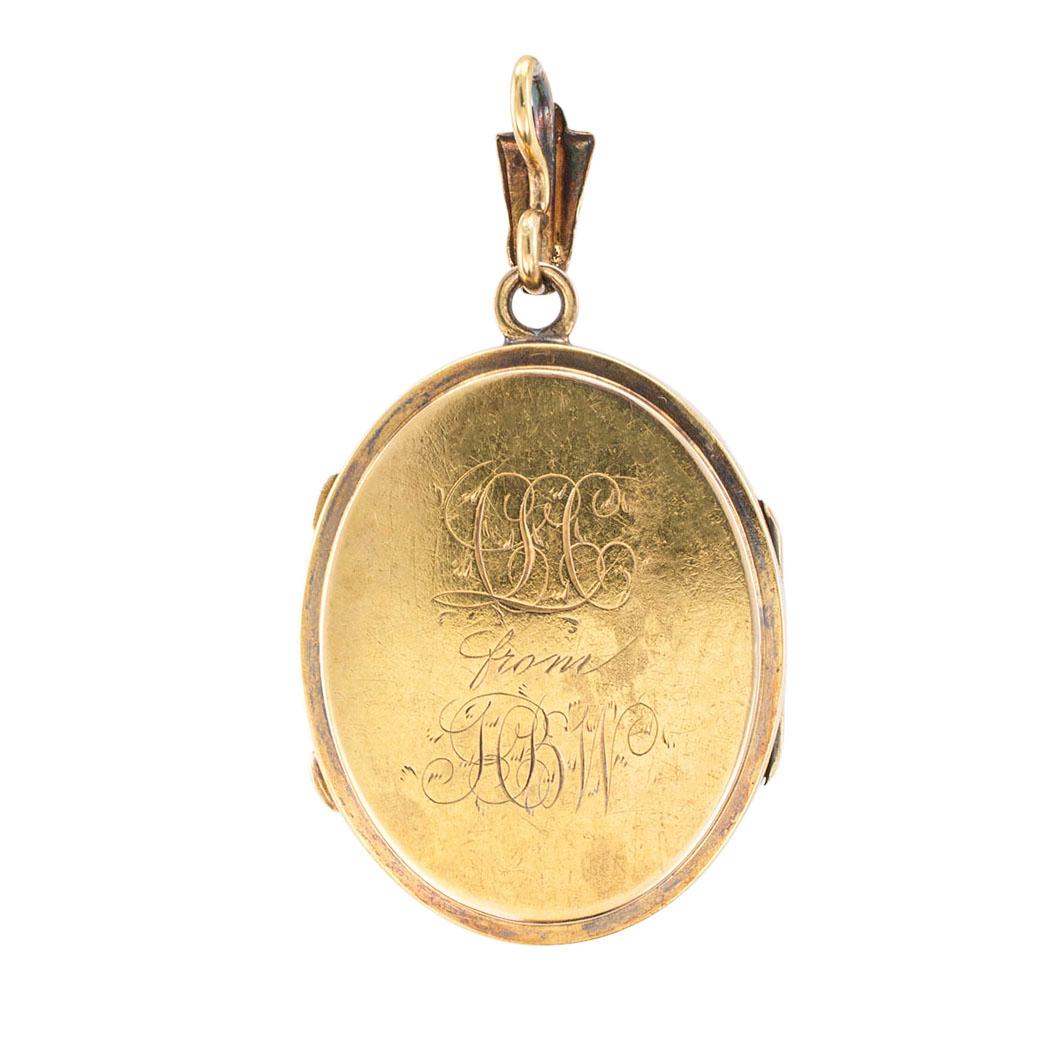Victorian turquoise and gold hinged locket circa 1890.

DETAILS:
GEMSTONES:  turquoise.
METAL:  14-karat yellow gold.

MEASUREMENTS:  approximately 1-5/8” (4.13 cm) long, including the bail, and 15/16” (2.38 cm) wide overall.

CONDITION:  high