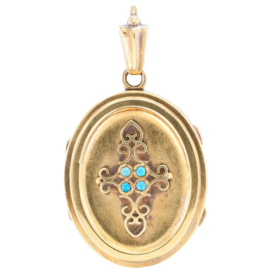 Victorian Turquoise Yellow Gold Hinged Locket