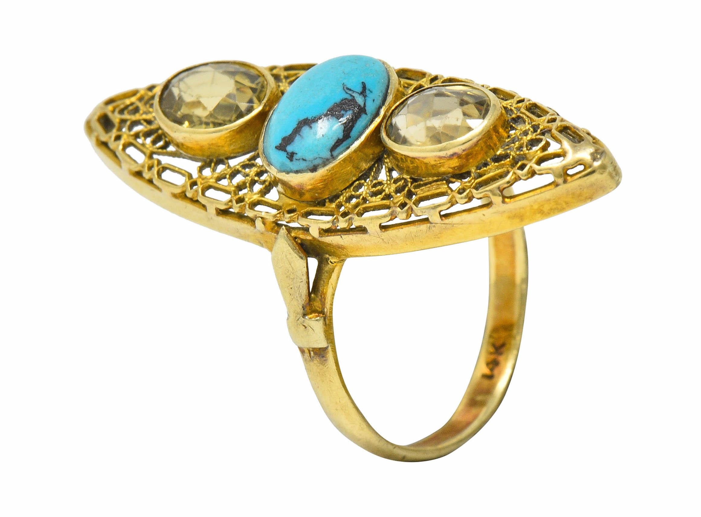 Victorian Turquoise Zircon 14 Karat Gold Navette Ring 6