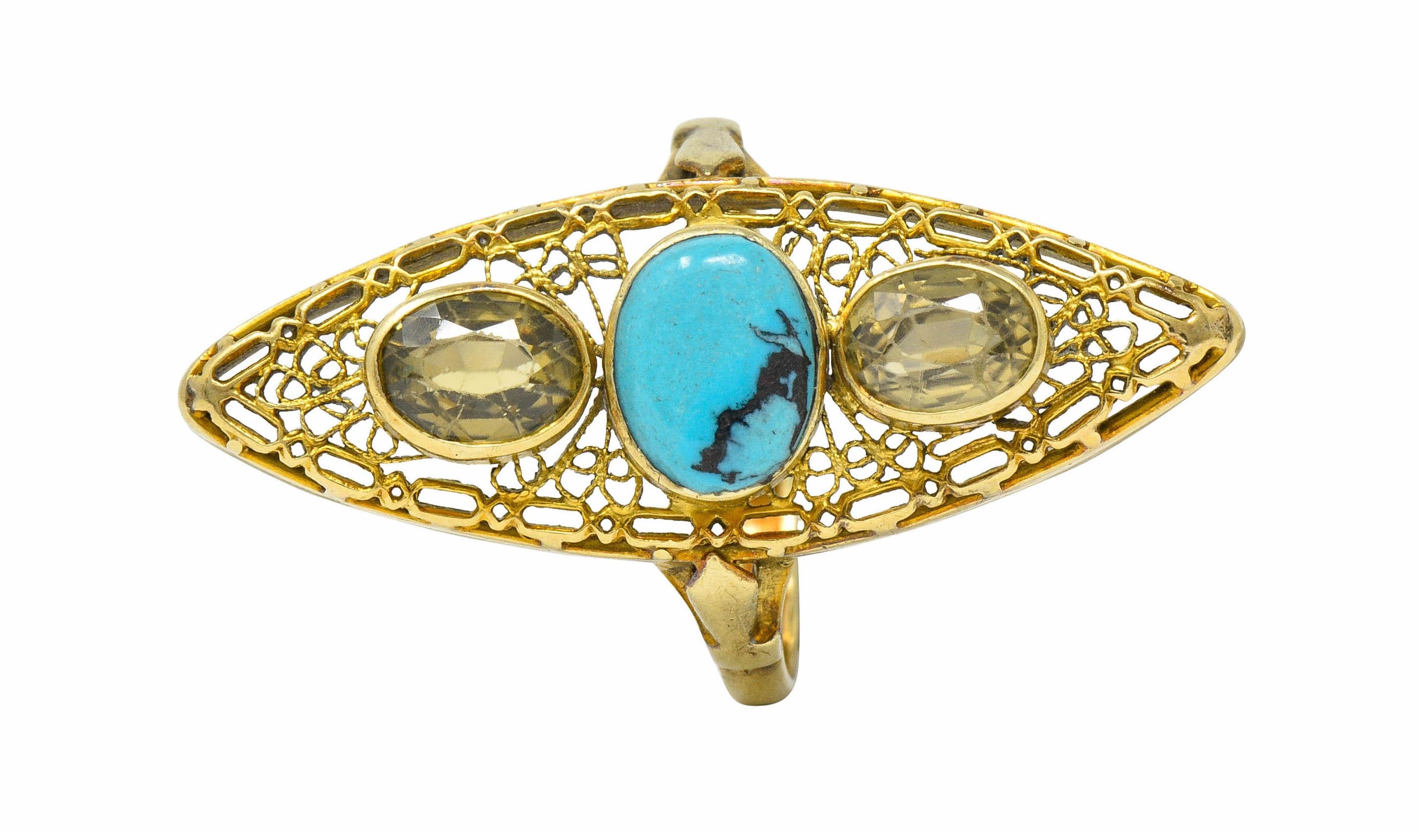 Victorian Turquoise Zircon 14 Karat Gold Navette Ring 7