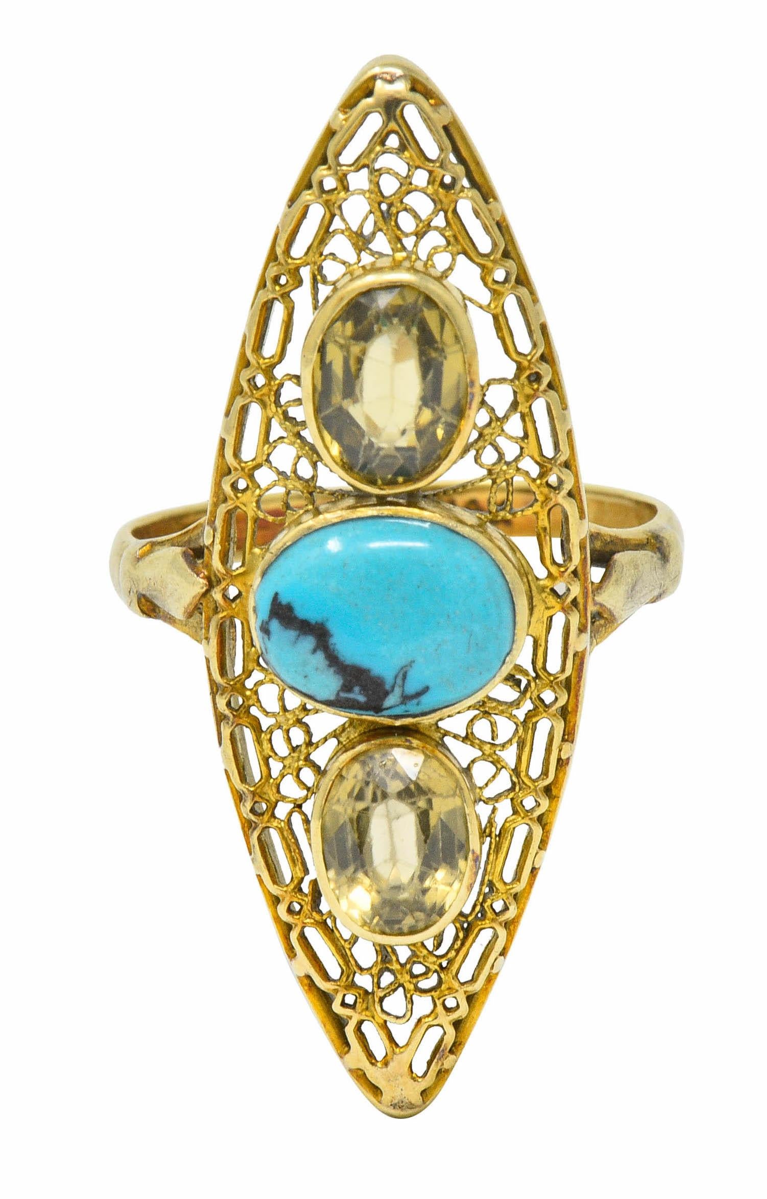 Cabochon Victorian Turquoise Zircon 14 Karat Gold Navette Ring