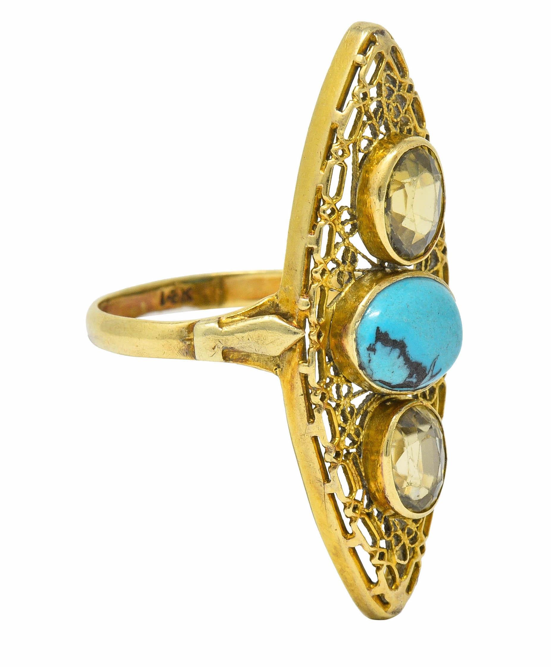 Victorian Turquoise Zircon 14 Karat Gold Navette Ring In Excellent Condition In Philadelphia, PA