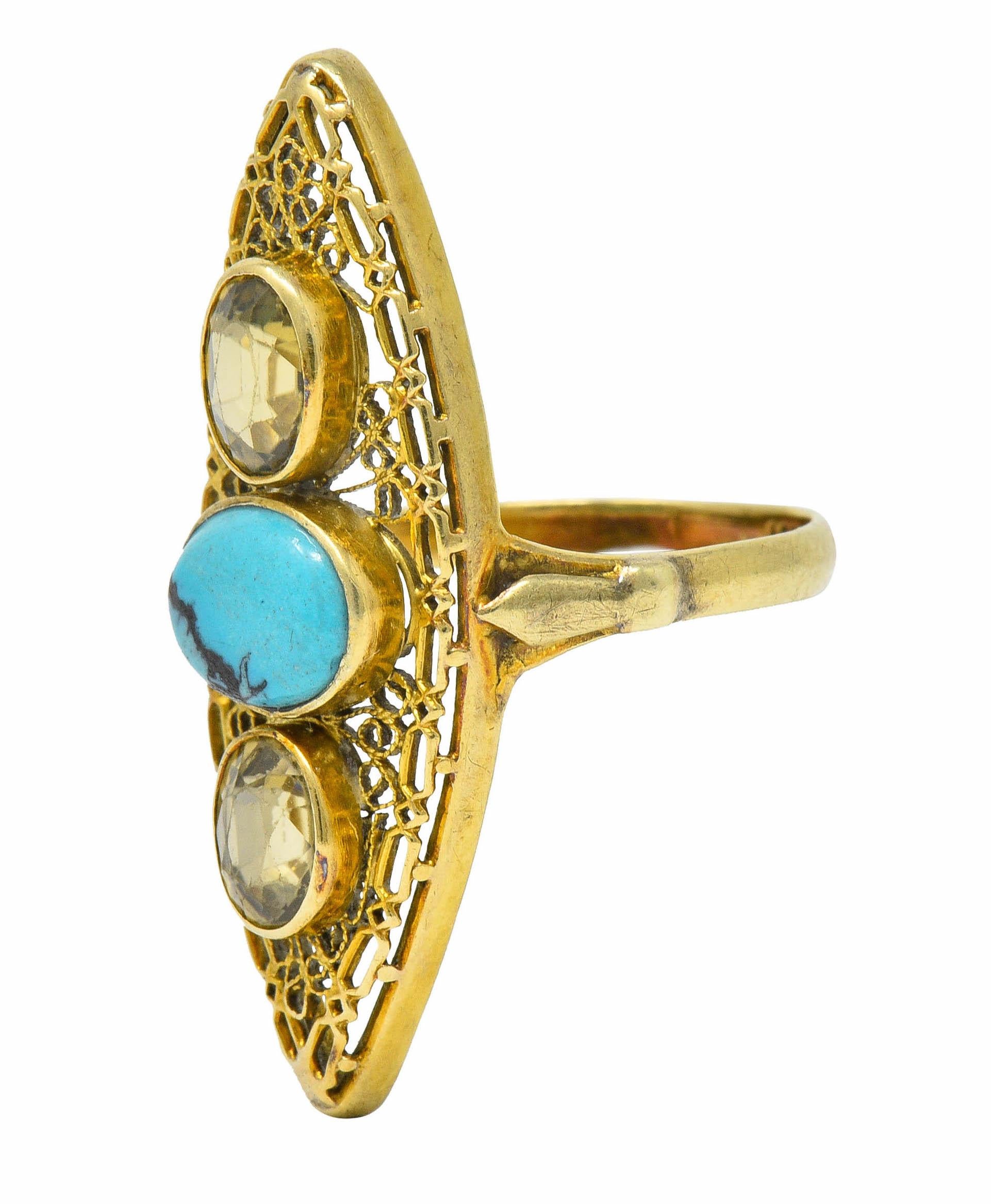 Victorian Turquoise Zircon 14 Karat Gold Navette Ring 2
