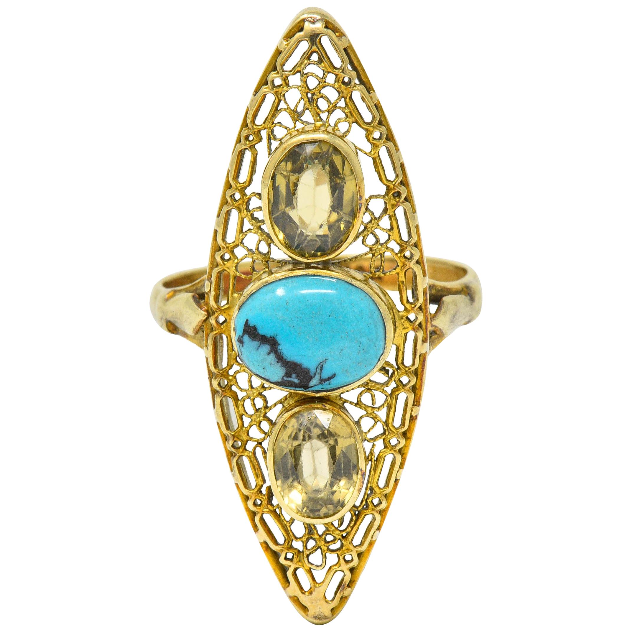 Victorian Turquoise Zircon 14 Karat Gold Navette Ring