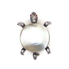 Victorian Turtle Brooch in Yellow Gold and Silver set with Diamond and Ruby