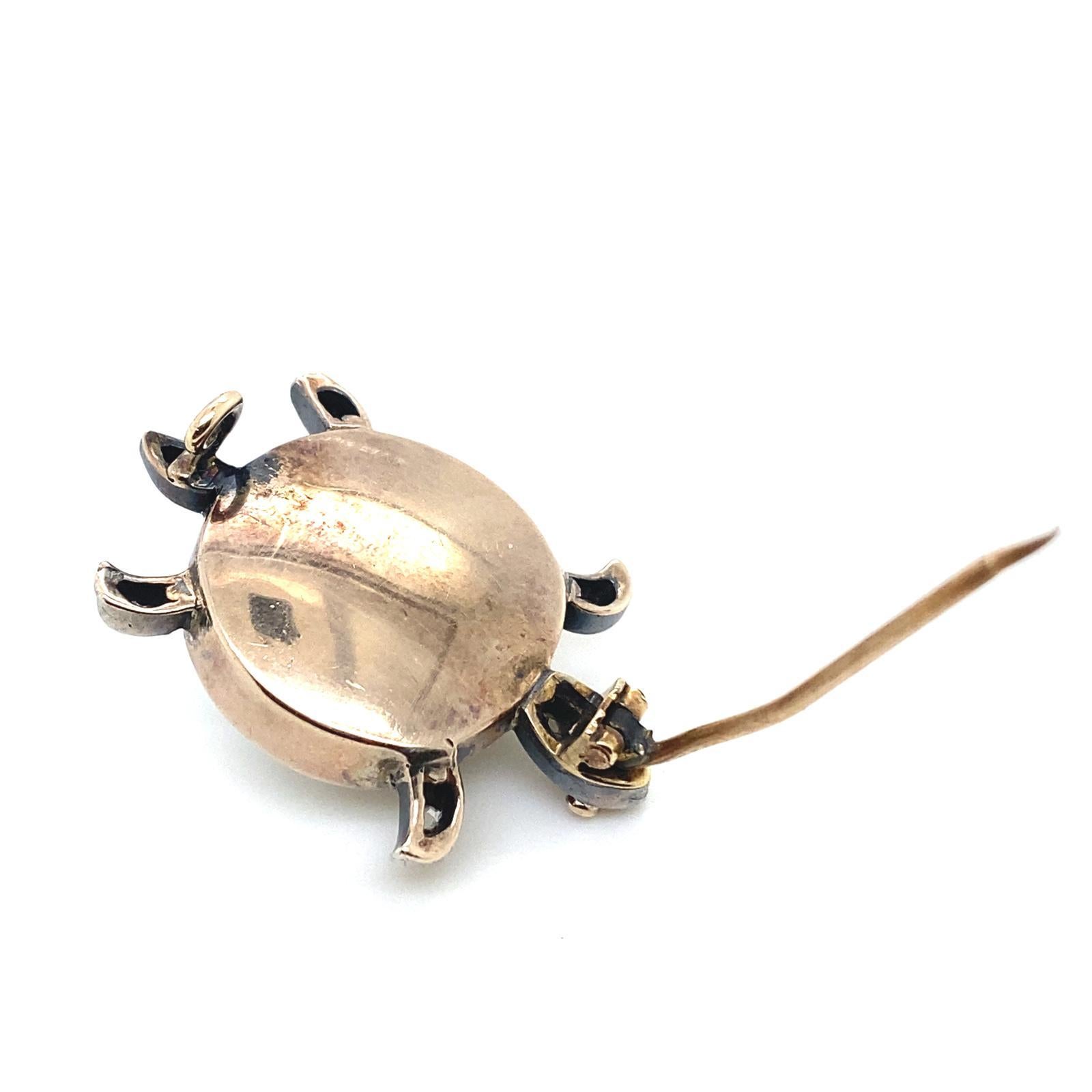 Women's or Men's Victorian Turtle Brooch in Yellow Gold and Silver set with Diamond and Ruby For Sale