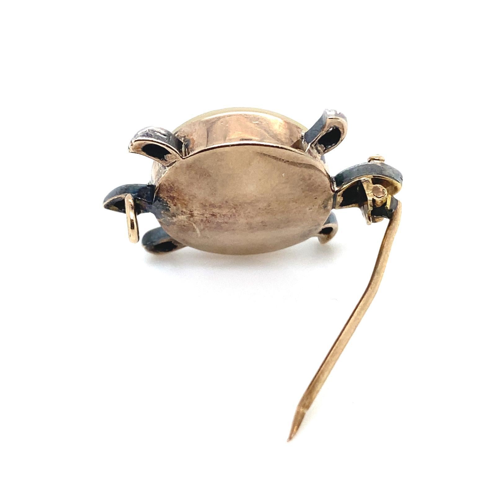 Victorian Turtle Brooch in Yellow Gold and Silver set with Diamond and Ruby For Sale 1