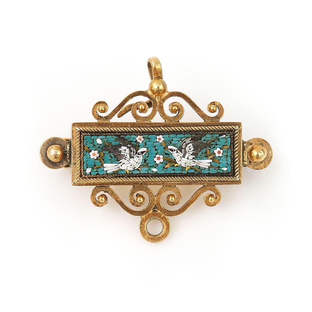 High Victorian Victorian Twin Doves Micromosaic Pendant and Brooch, Circa 1860