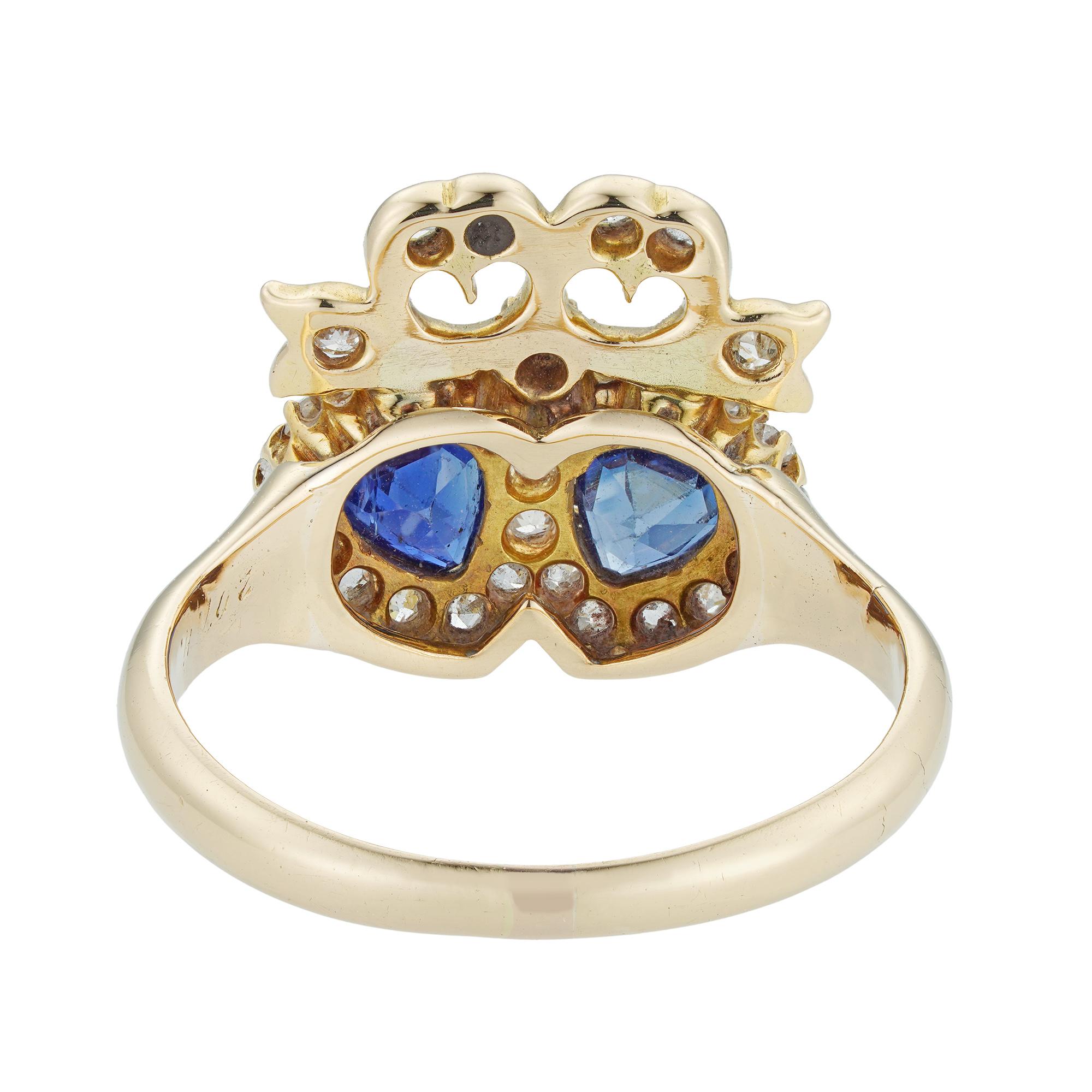 Cabochon Victorian Twin Heart Sapphire Diamond Gold Ring