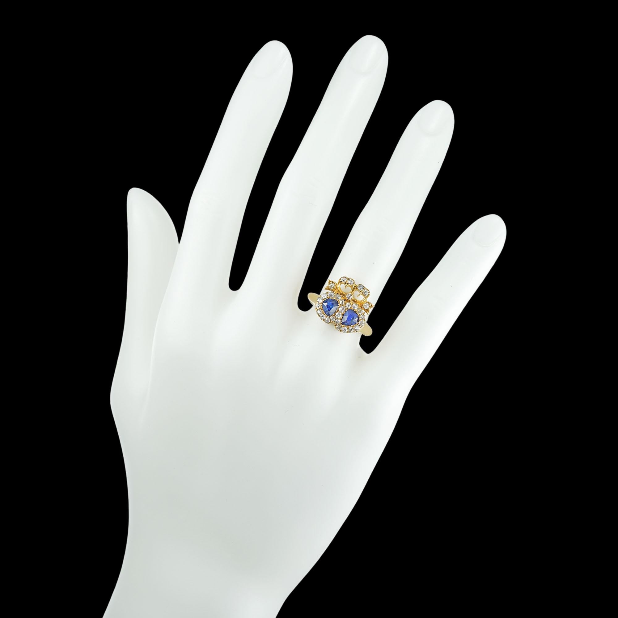 Women's Victorian Twin Heart Sapphire Diamond Gold Ring