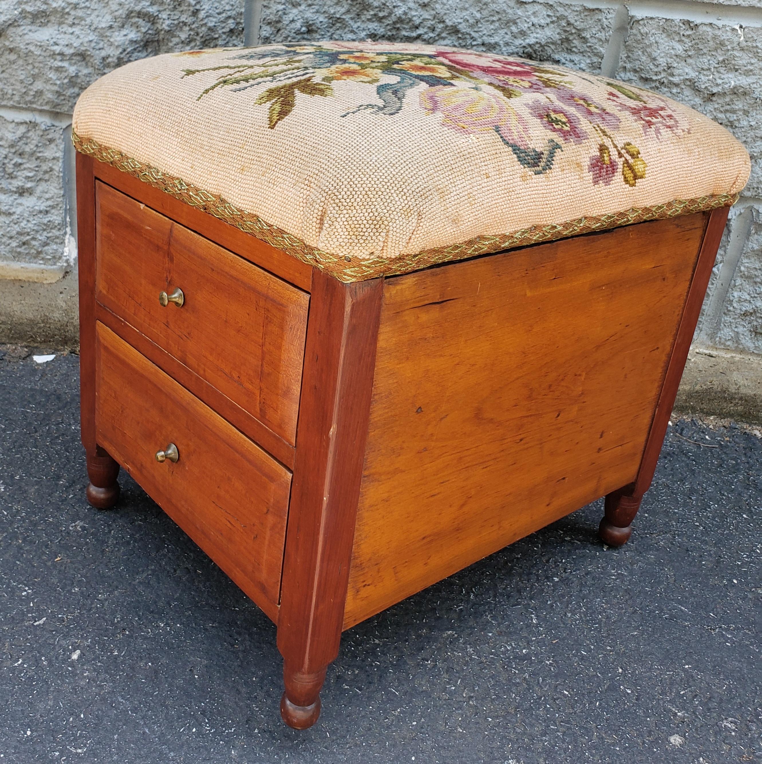 Upholstery Victorian Two-Drawer Mahogany Needlework Upholstered Stool on Wheels For Sale