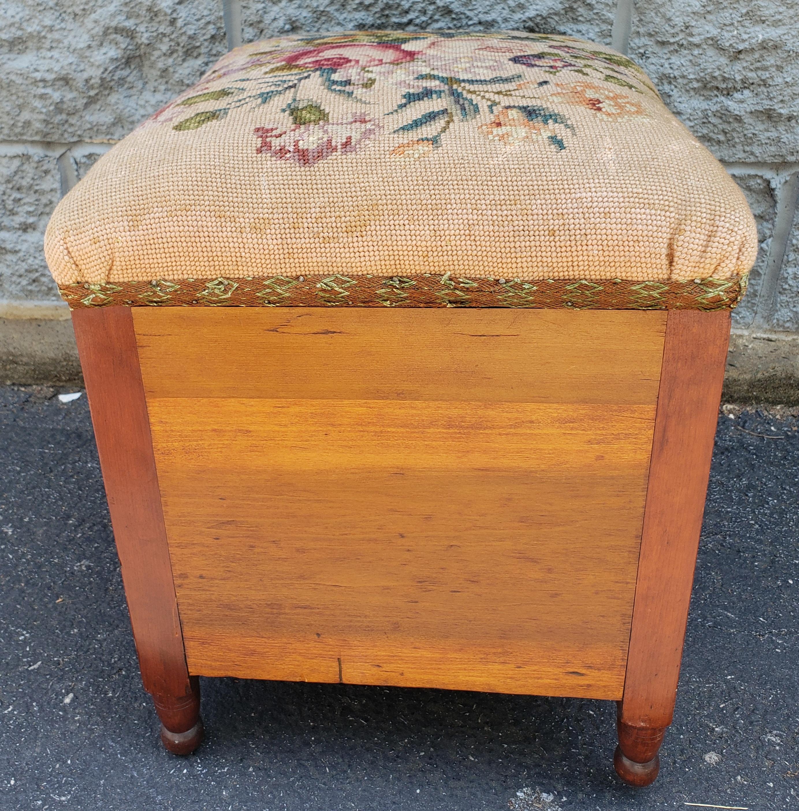 Victorian Two-Drawer Mahogany Needlework Upholstered Stool on Wheels For Sale 1