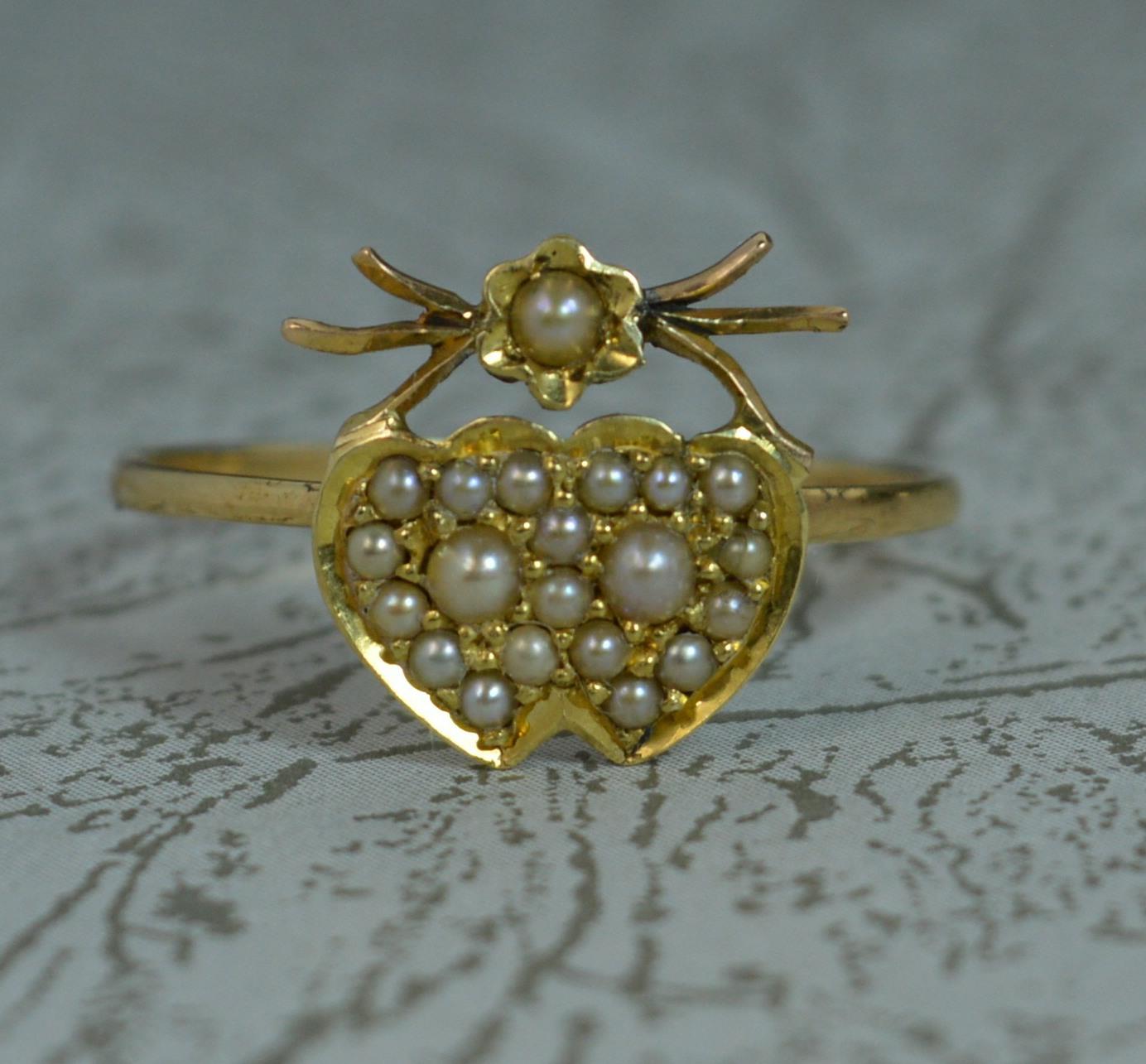 Victorian Two Hearts Pearl Cluster on Yellow Gold 4