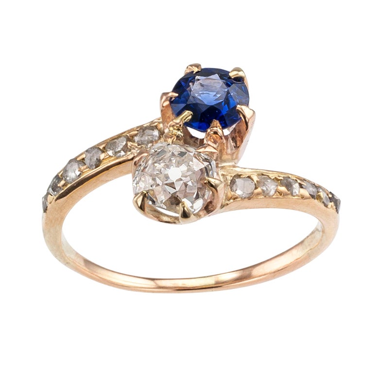 Victorian Two-Stone Diamond Sapphire Yellow Gold Engagement Ring at 1stDibs