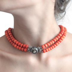 Antique Dutch Coral Necklace with Diamond Clasp, 19th Century, 105 Grams