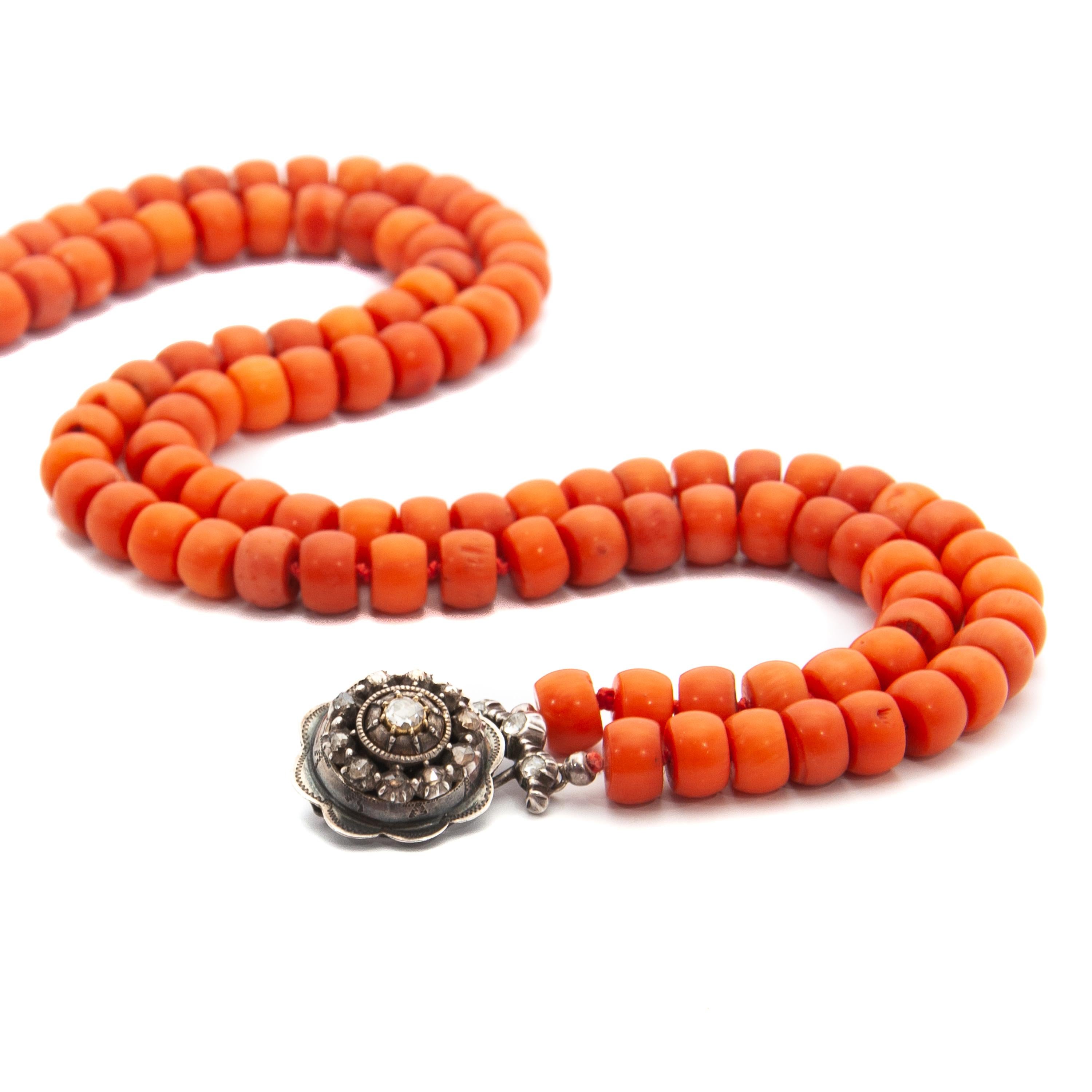 Women's Antique Coral and Old Cut Diamond Beaded Necklace For Sale