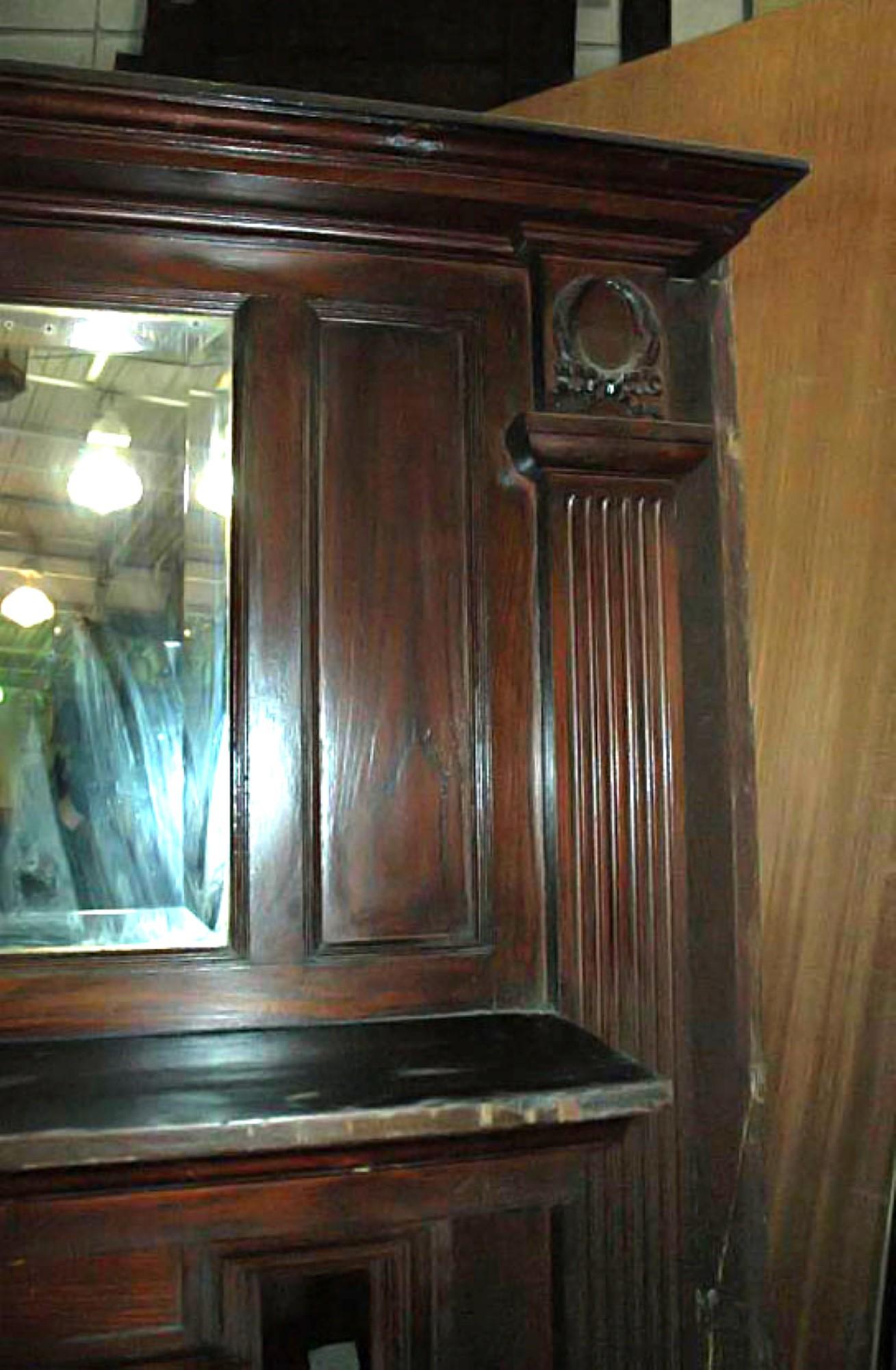 Beveled Victorian Two-Tier Wood Mantel w Over Mirror + Carved Details