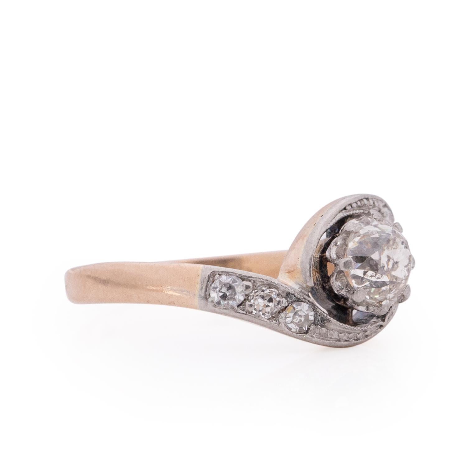 Rose Cut Victorian Two Tone 14k Rose Gold and Platinum .50 Ct Vintage Bypass Engagement