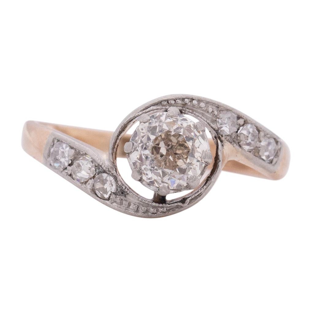  Victorian Two Tone 14k Rose Gold and Platinum .50 Ct Vintage Bypass Engagement