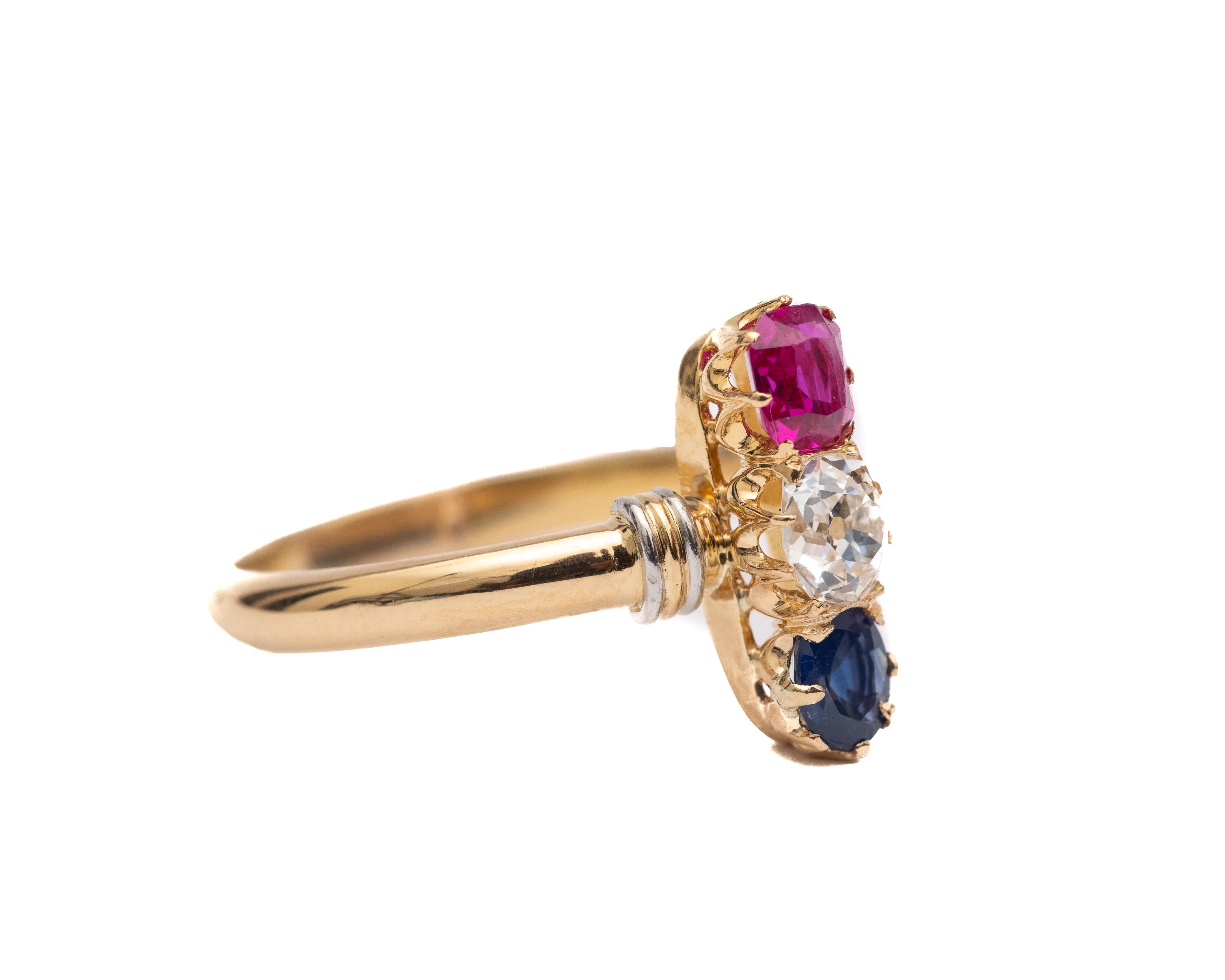 Item Description:
Metal type: 18 Karat Yellow Gold with Platinum Accents
Weight: 5.3 grams
Ring Size: 10 (resizable)

Features:
.45 carat Ruby
.60 carat Diamond
.45 carat Sapphire 

All stones are prong-set with a beautiful u-prong profile around