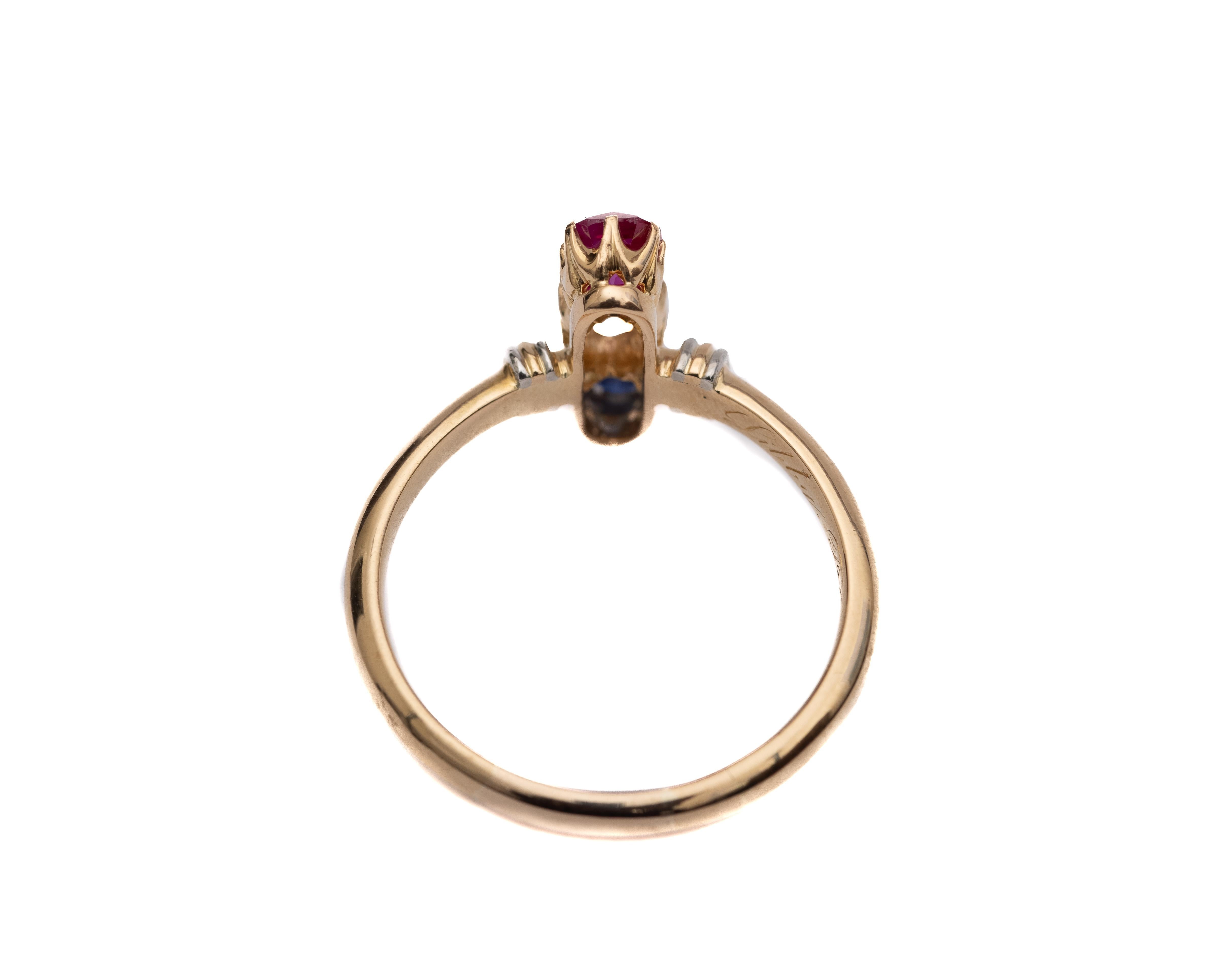 Old Mine Cut Victorian Two-Tone Diamond, Ruby and Sapphire Ring For Sale