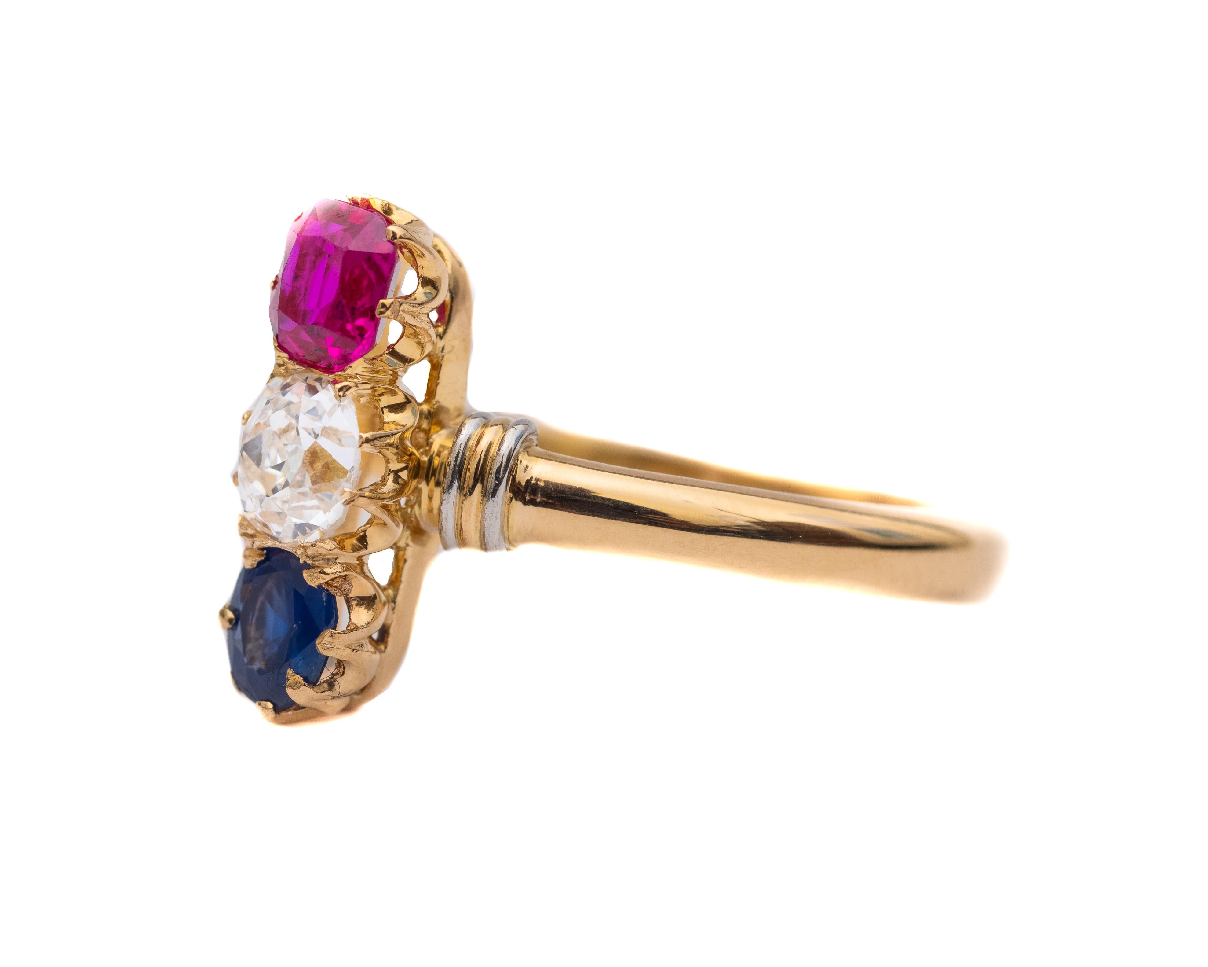 Women's Victorian Two-Tone Diamond, Ruby and Sapphire Ring For Sale