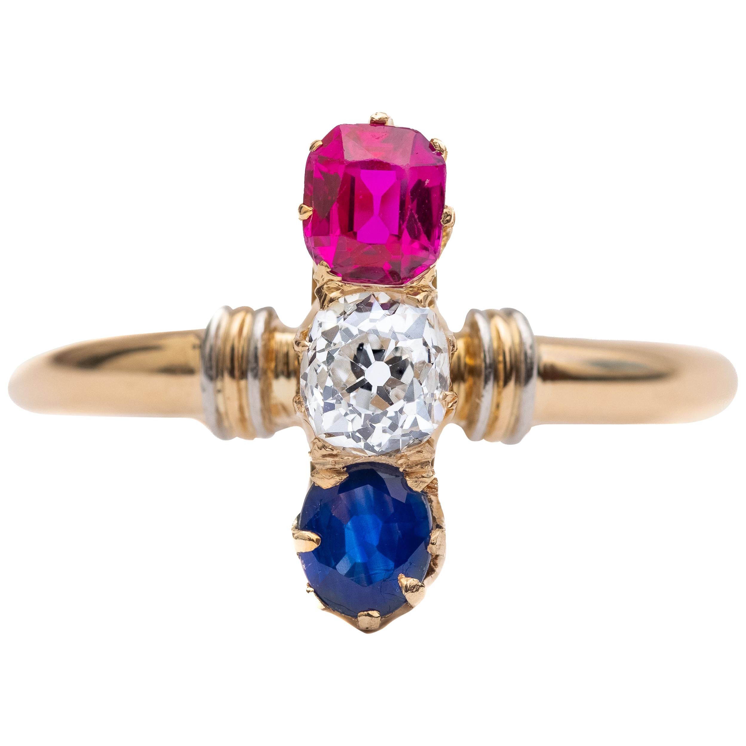 Circa 1881 Victorian Diamond, Ruby, Sapphire Ring in Platinum and 18 Karat Gold