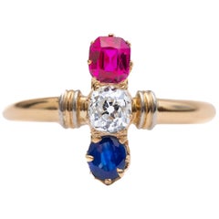 Bague victorienne bicolore en diamant, rubis et saphir