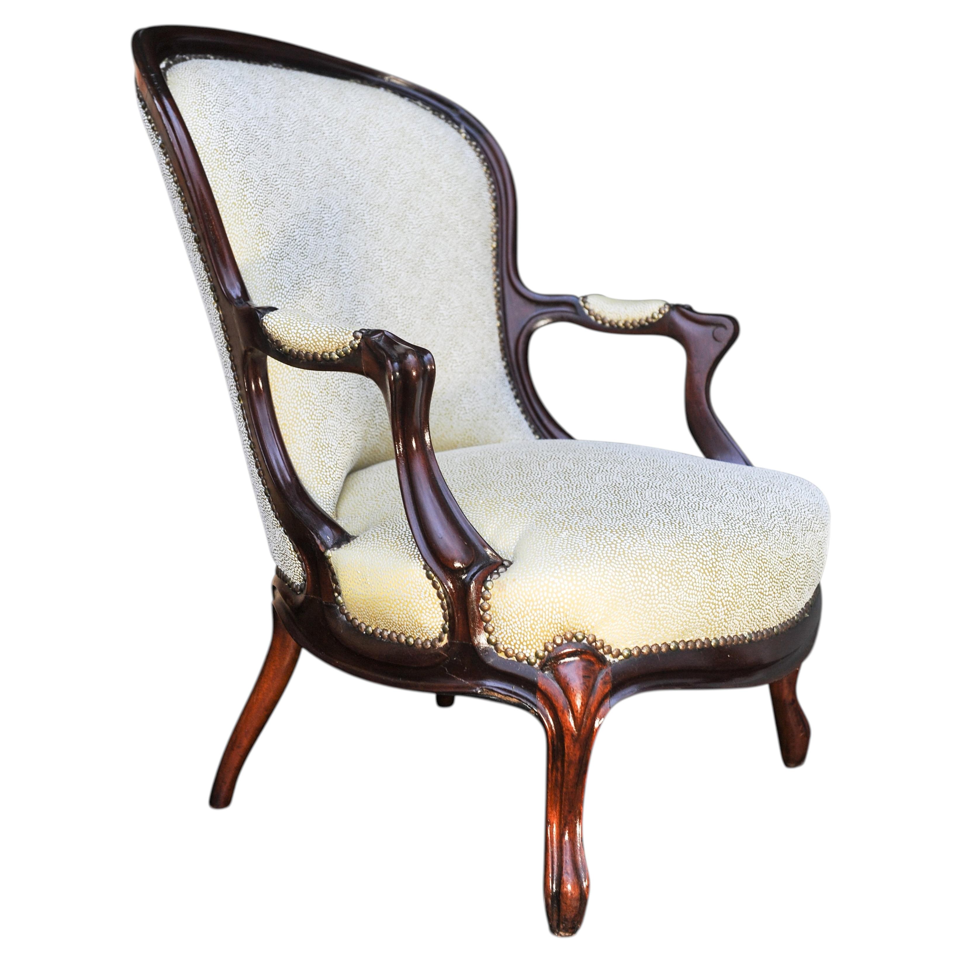 Viktorianischer gepolsterter Mahagoni-Sessel mit Löffelrücken, 1800er im Angebot