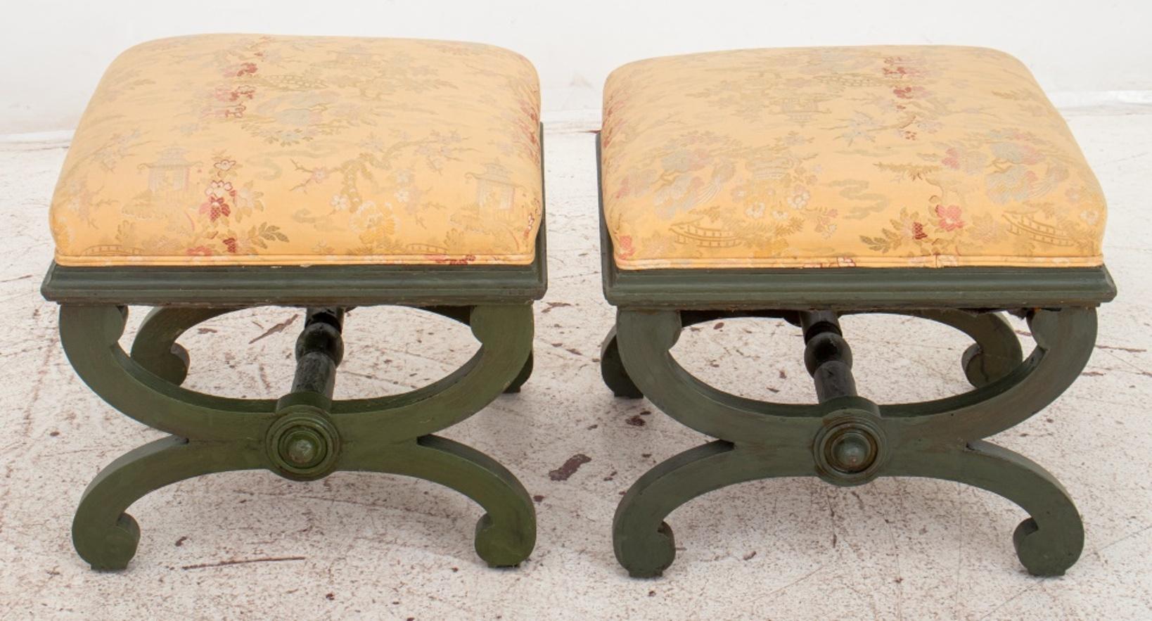 Victorian pair of painted wood stools in green with an Asian style textile upholstery.

Dimensions: 18.5