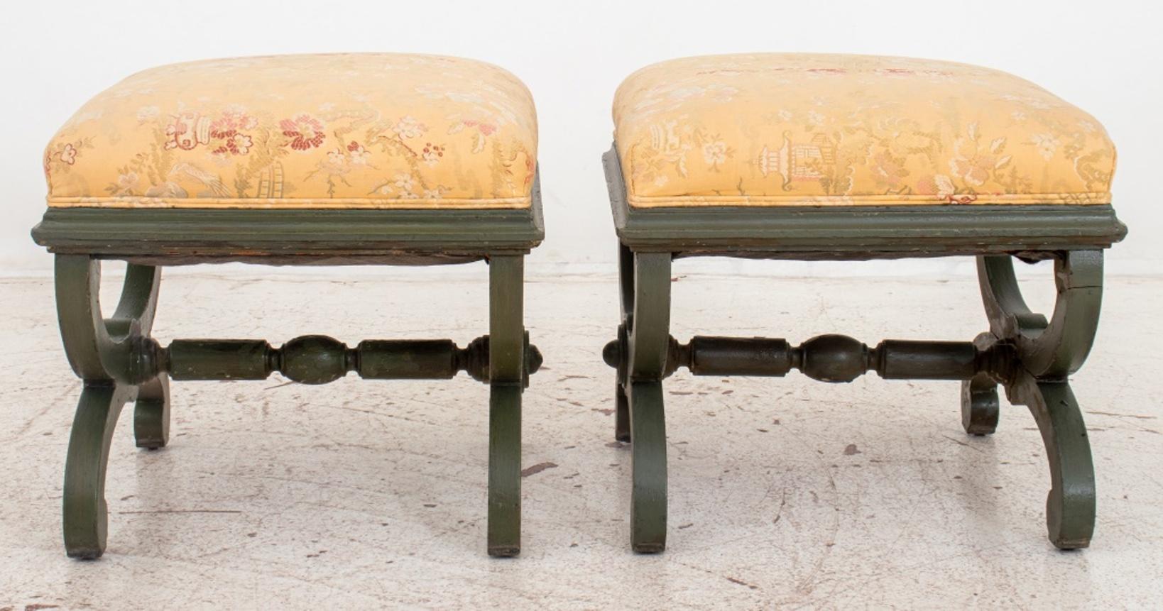Victorian Upholstered Painted Wood Stools, Pair In Good Condition For Sale In New York, NY