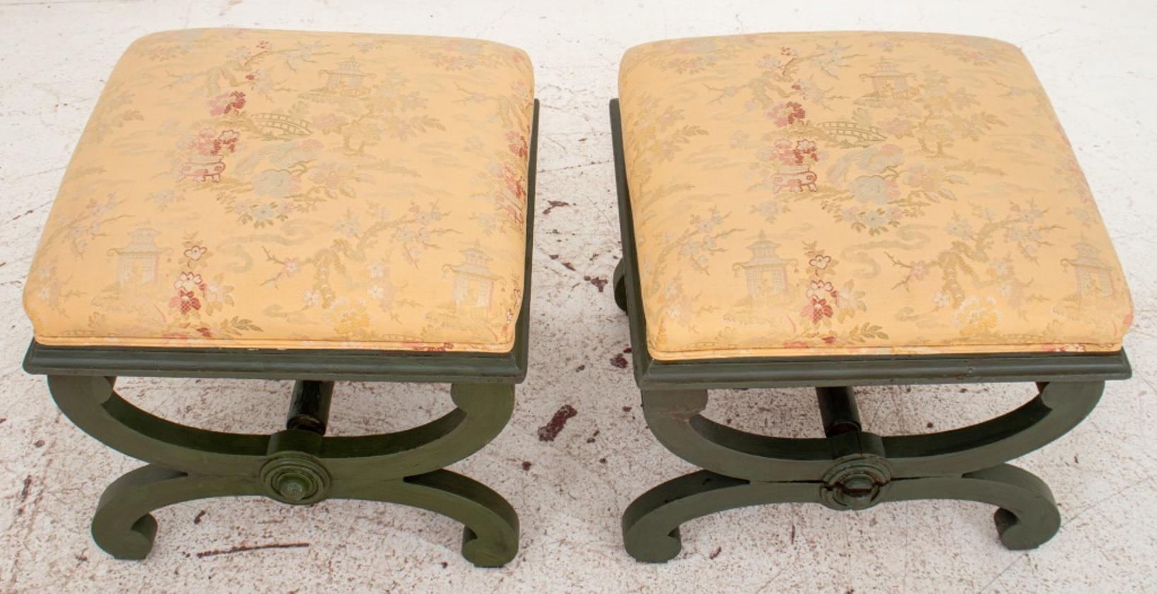 19th Century Victorian Upholstered Painted Wood Stools, Pair For Sale