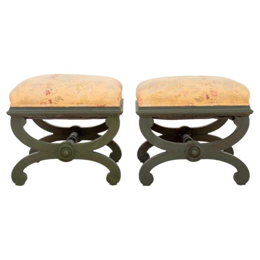 Victorian Upholstered Painted Wood Stools, Pair For Sale