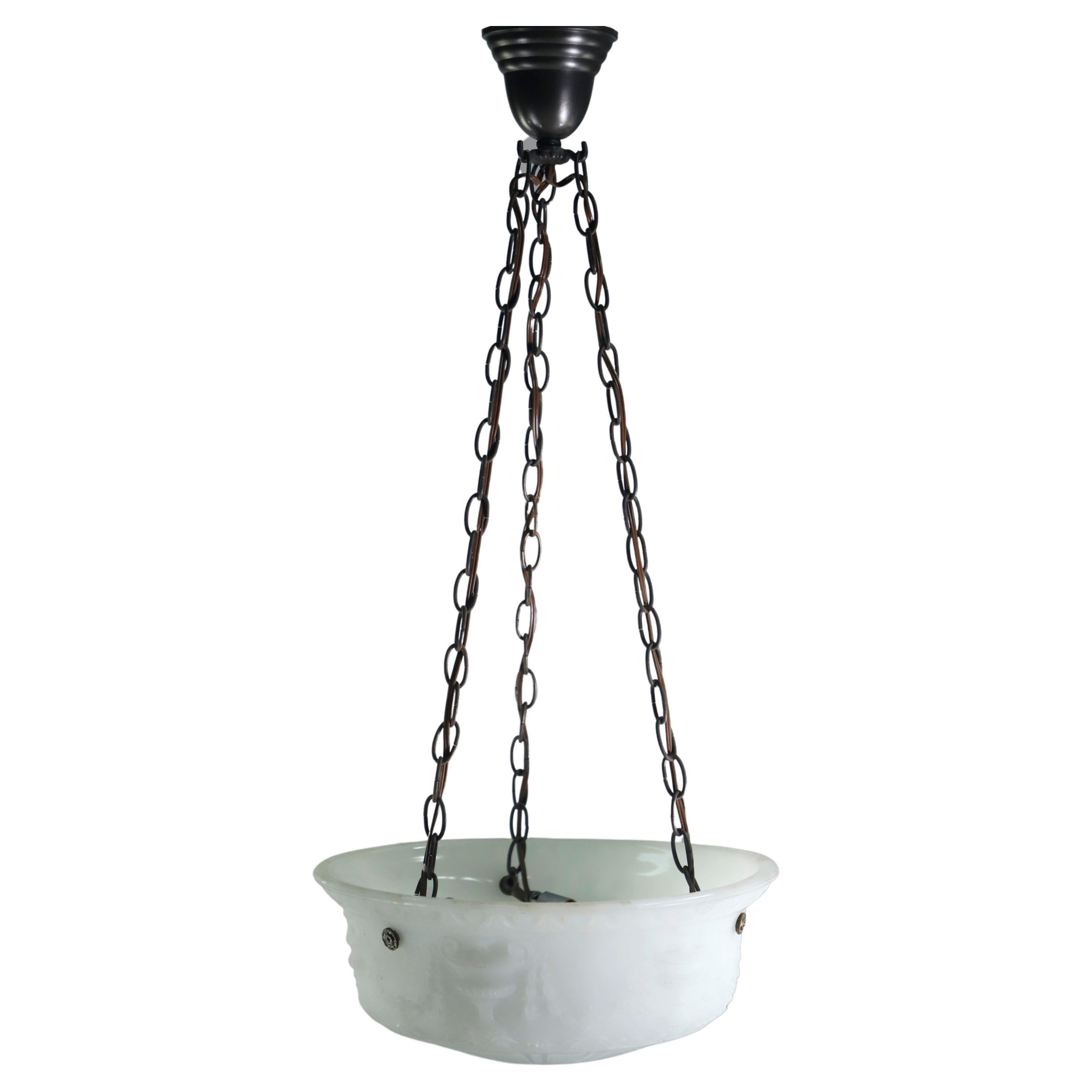Victorian Urn Milk Glass Dish Black Chain Pendant Light