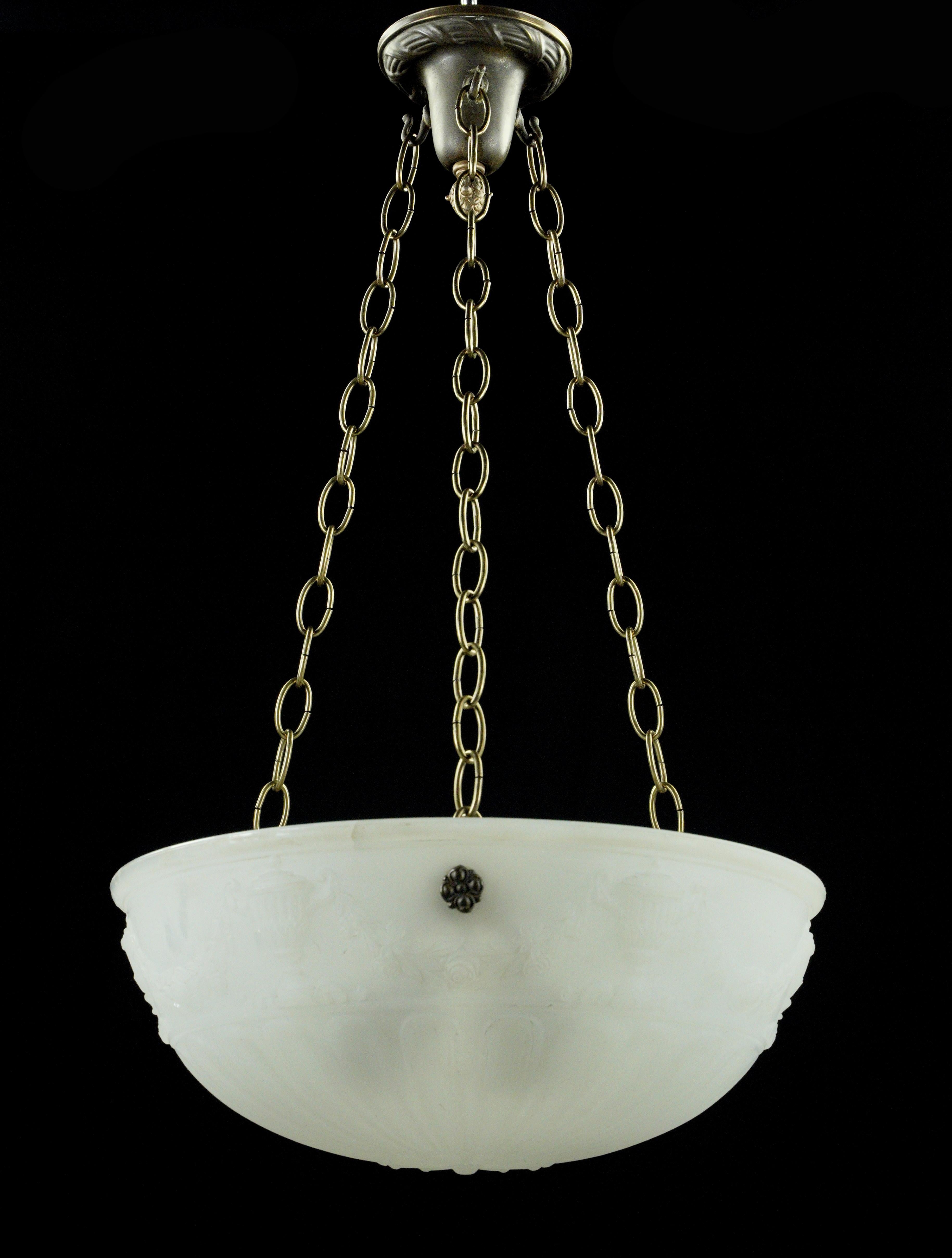 Victorian Urn Motif White Cast Glass Bowl Pendant Light In Good Condition For Sale In New York, NY