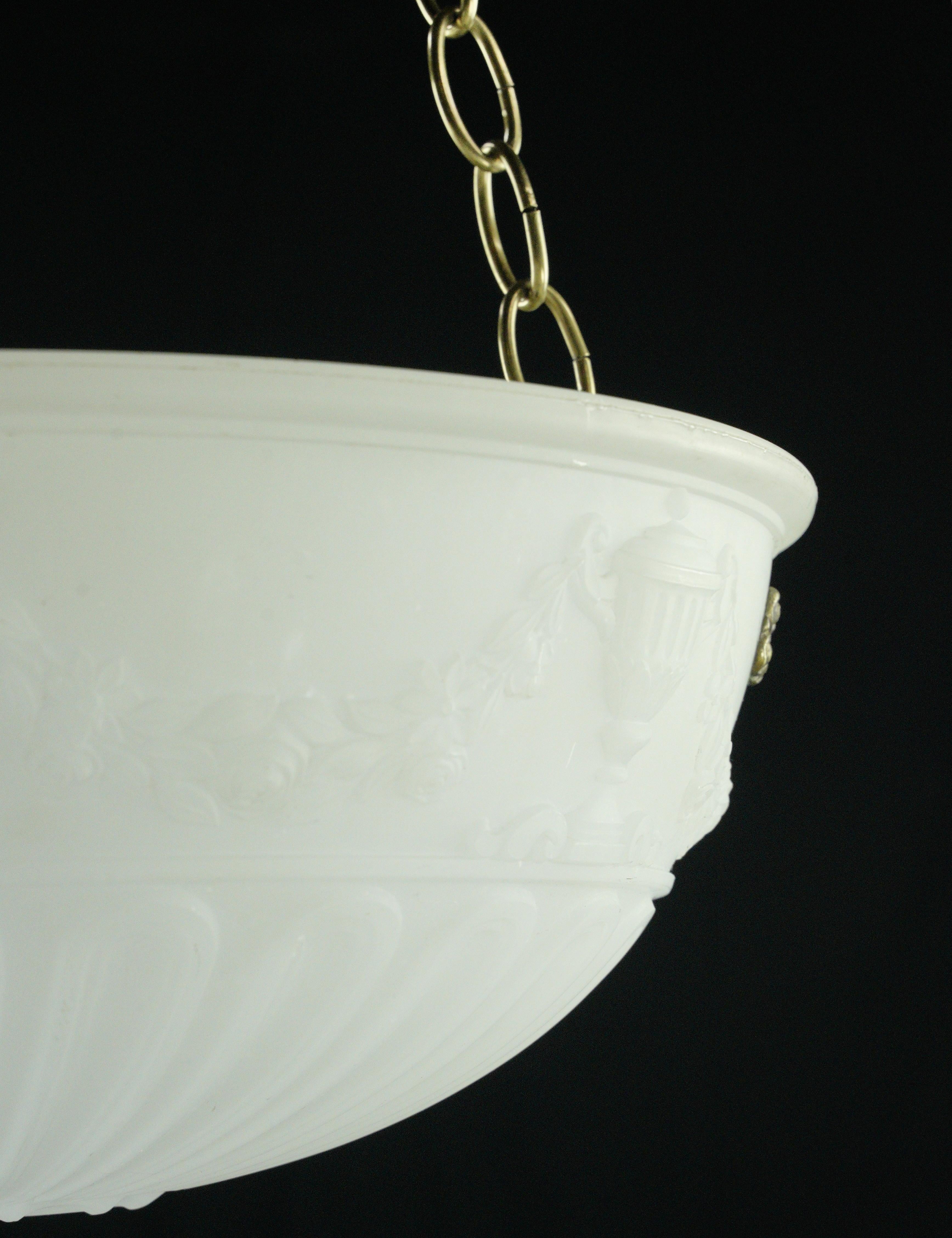 Victorian Urn Motif White Cast Glass Bowl Pendant Light For Sale 1