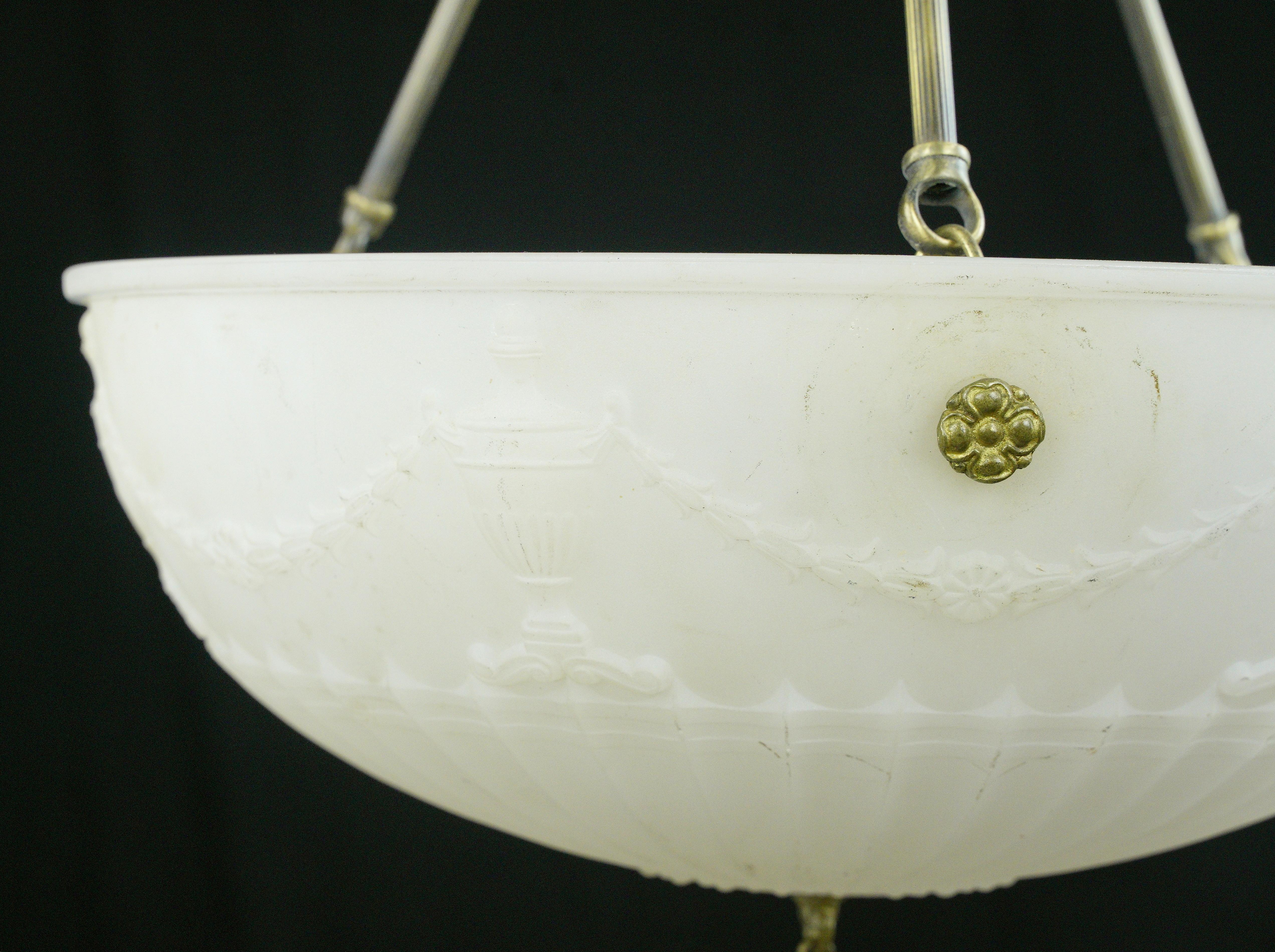 Victorian Urn White Cast Glass Dish Brass Pendant Light For Sale 7