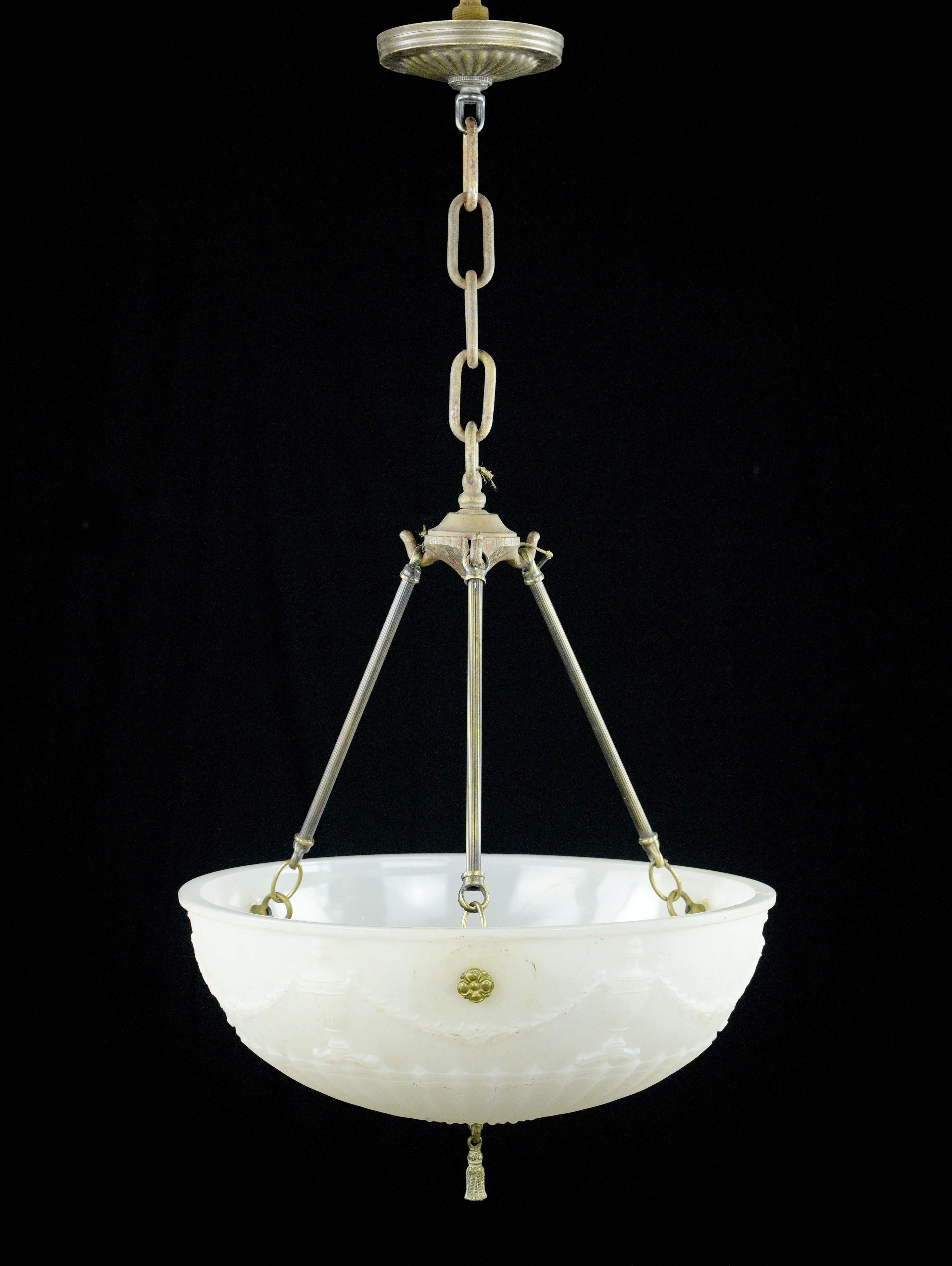 American Victorian Urn White Cast Glass Dish Brass Pendant Light For Sale