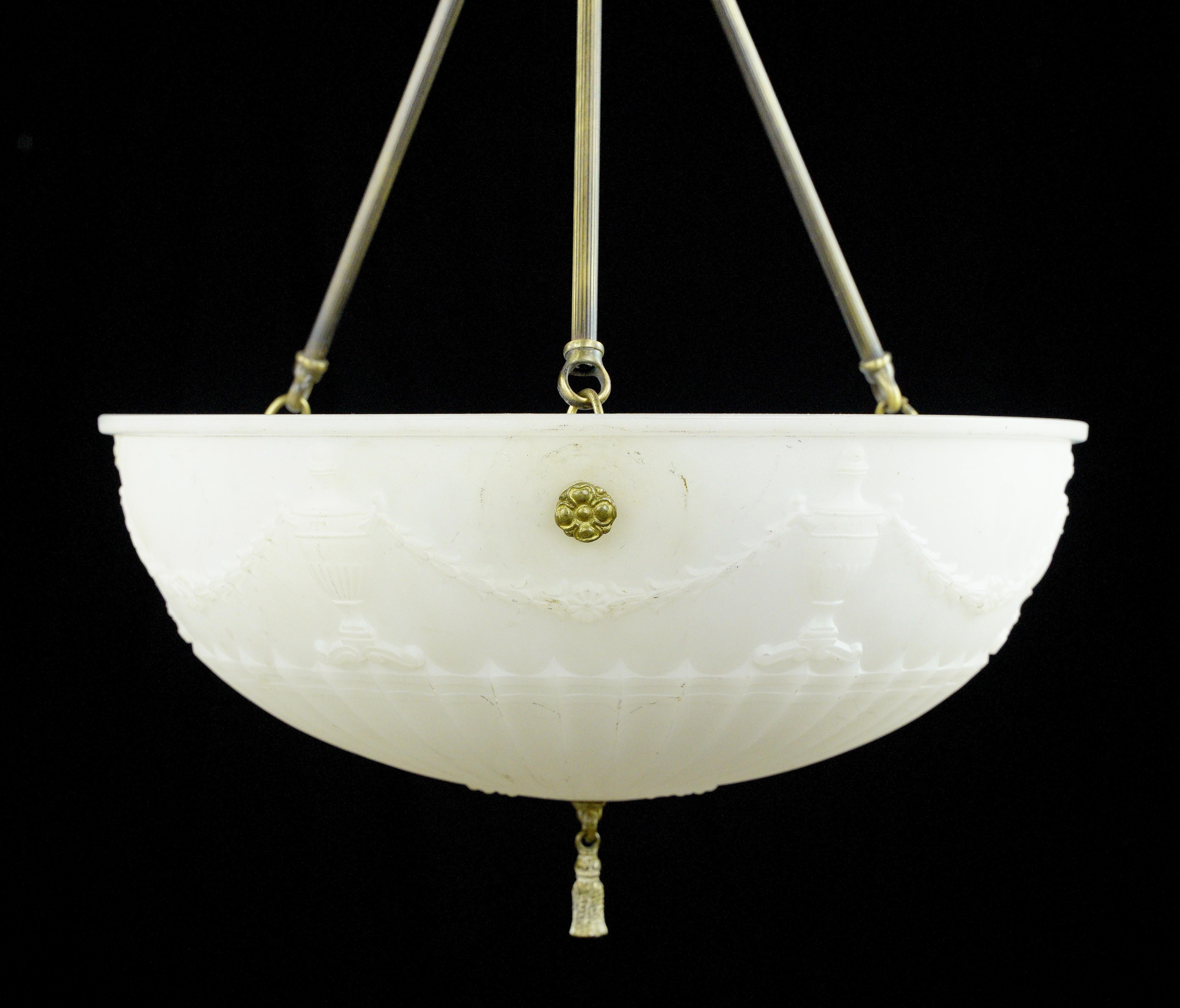 Victorian Urn White Cast Glass Dish Brass Pendant Light In Good Condition For Sale In New York, NY