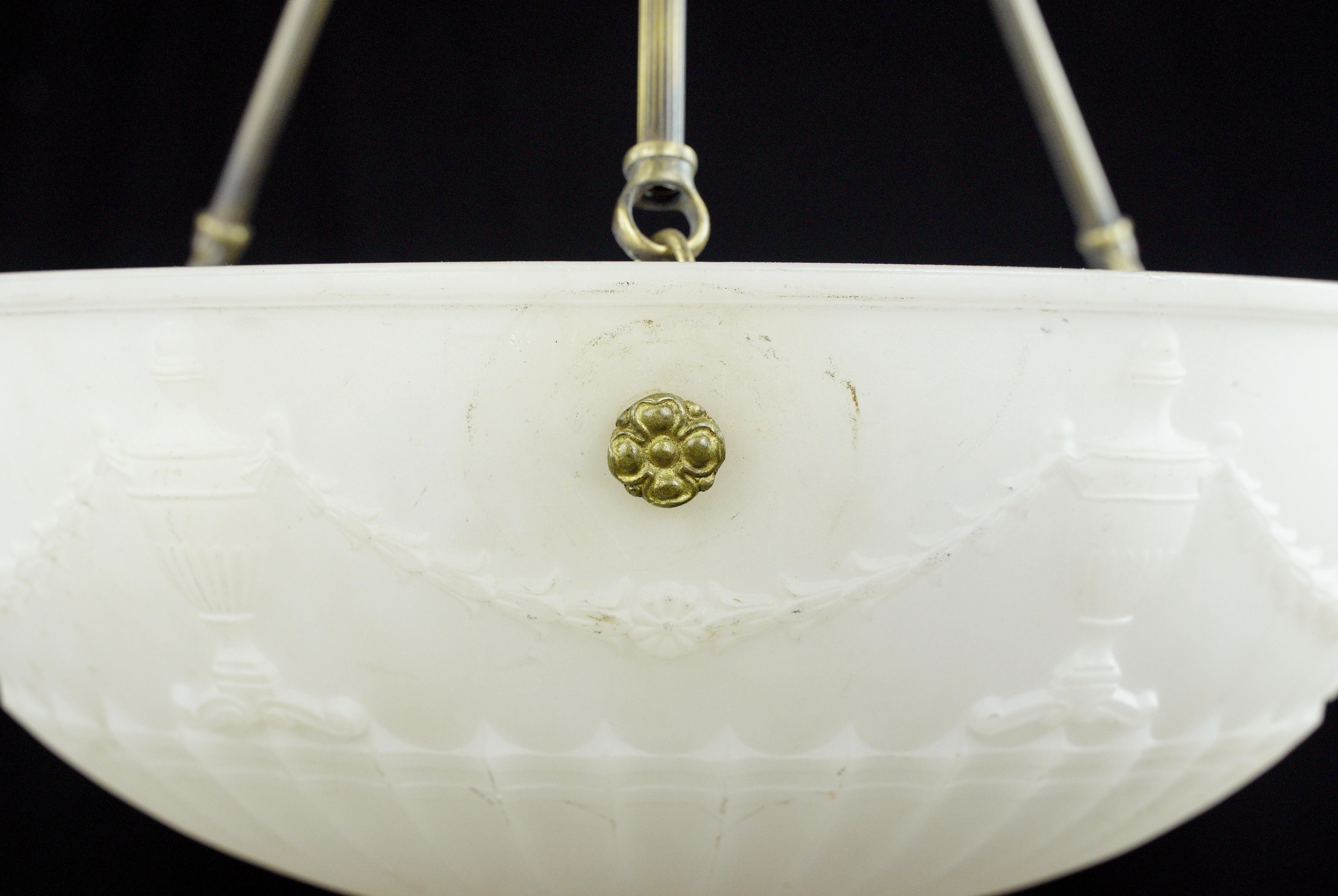 20th Century Victorian Urn White Cast Glass Dish Brass Pendant Light For Sale