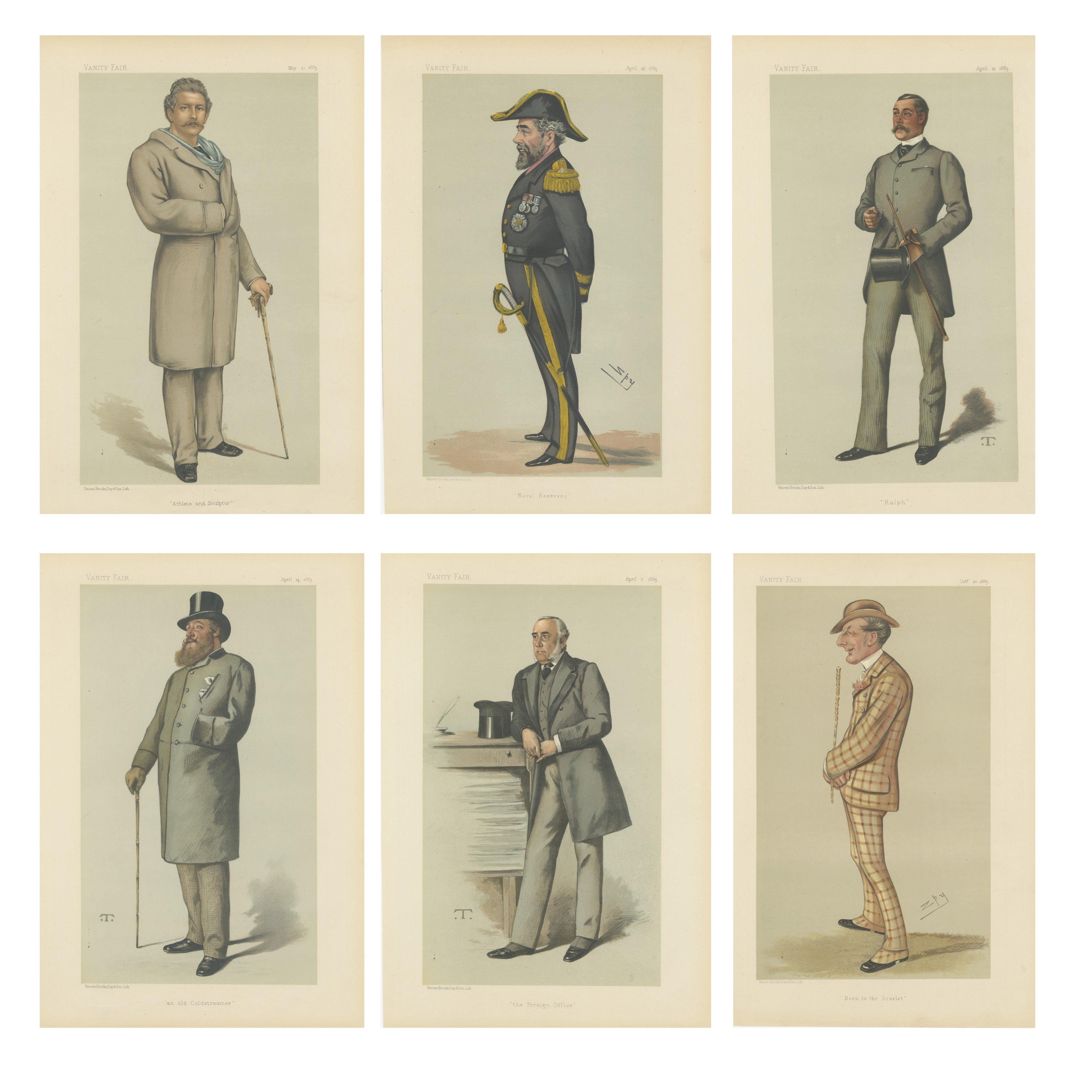 Caricature vittoriane di Vanity Fair, Impero e servizio, set di sei, anni 1880 in vendita