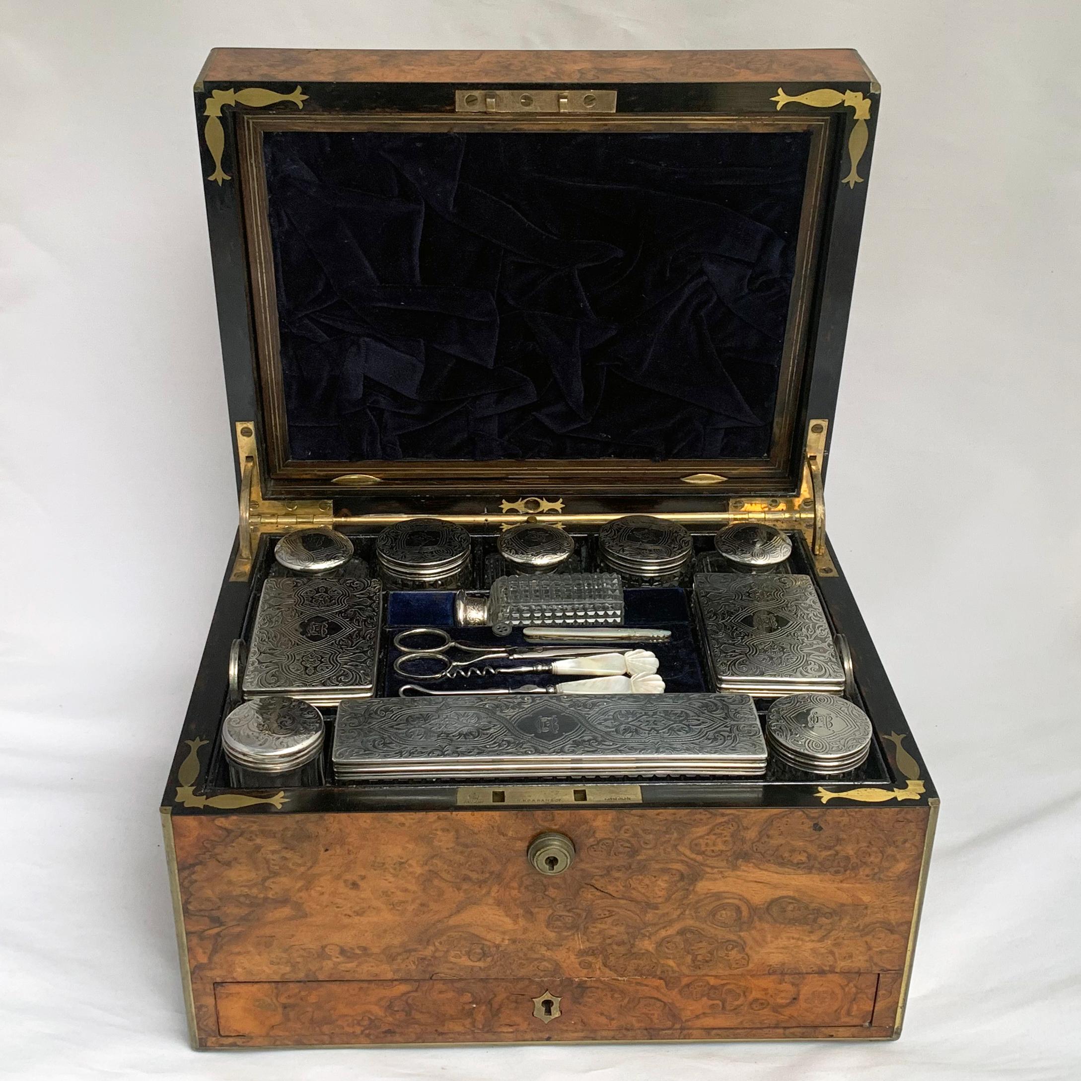 High Victorian Victorian Vanity Set in the Original Burl Wood Box For Sale