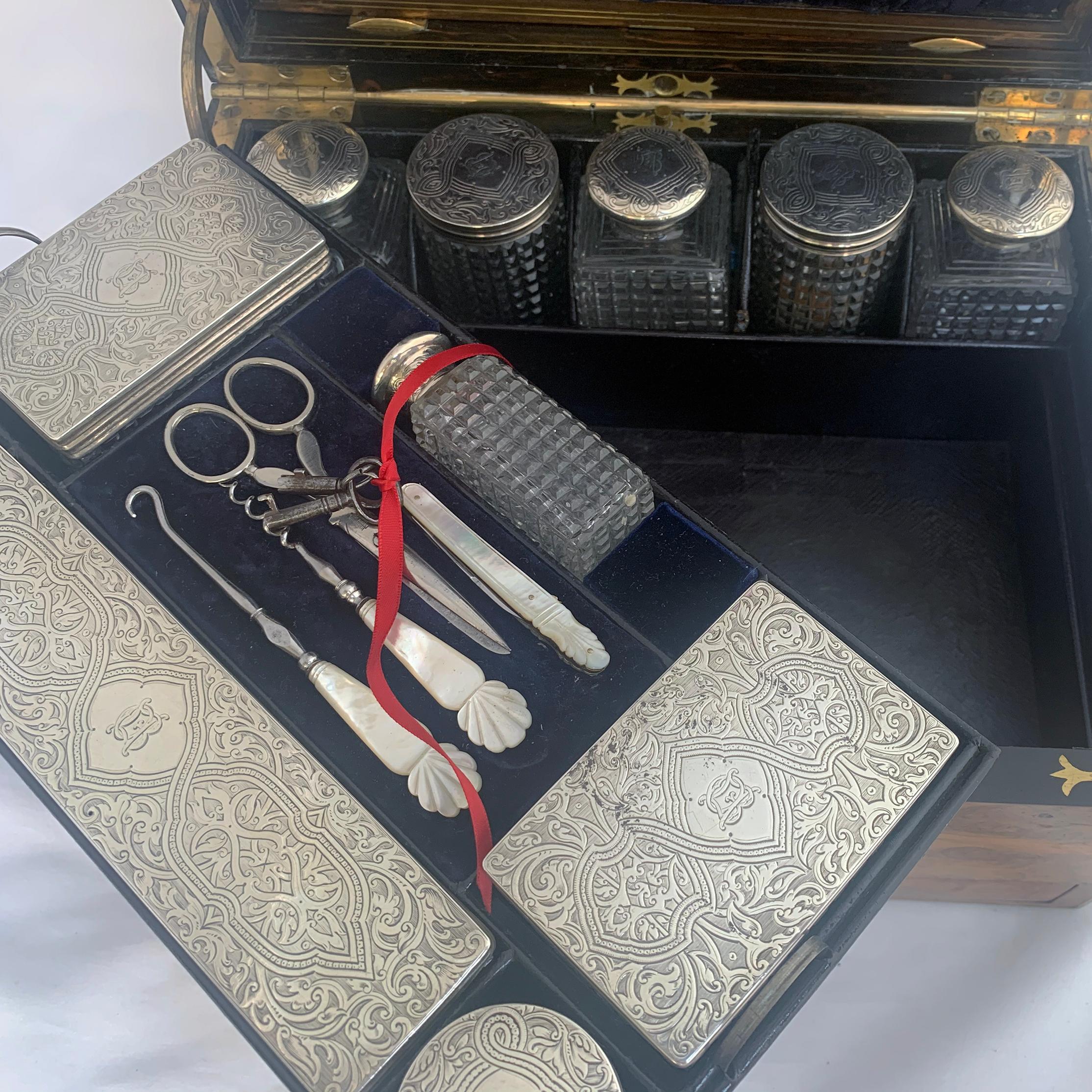 Engraved Victorian Vanity Set in the Original Burl Wood Box For Sale