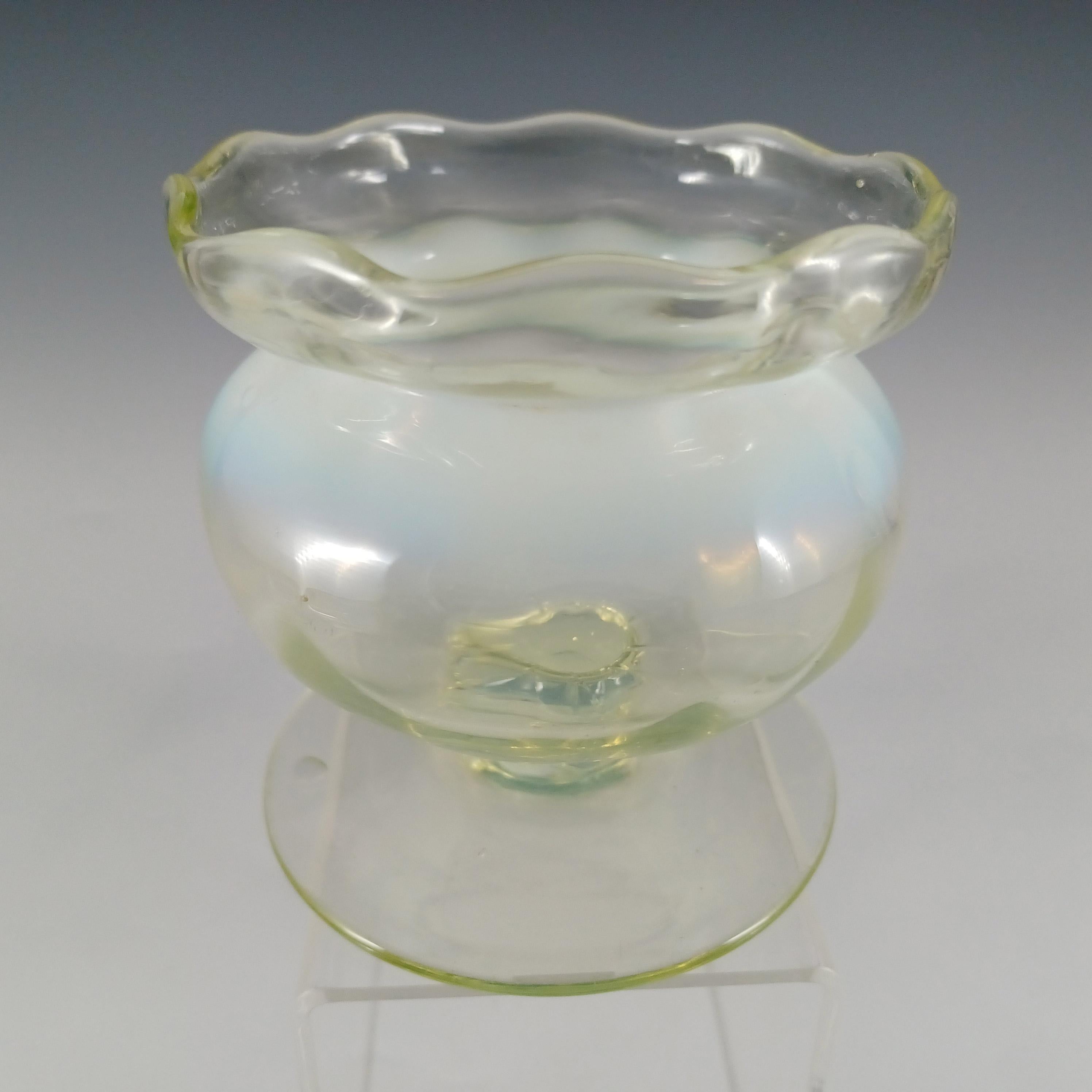 Hand-Crafted Victorian Vaseline Uranium Opalescent Glass Footed Vase For Sale